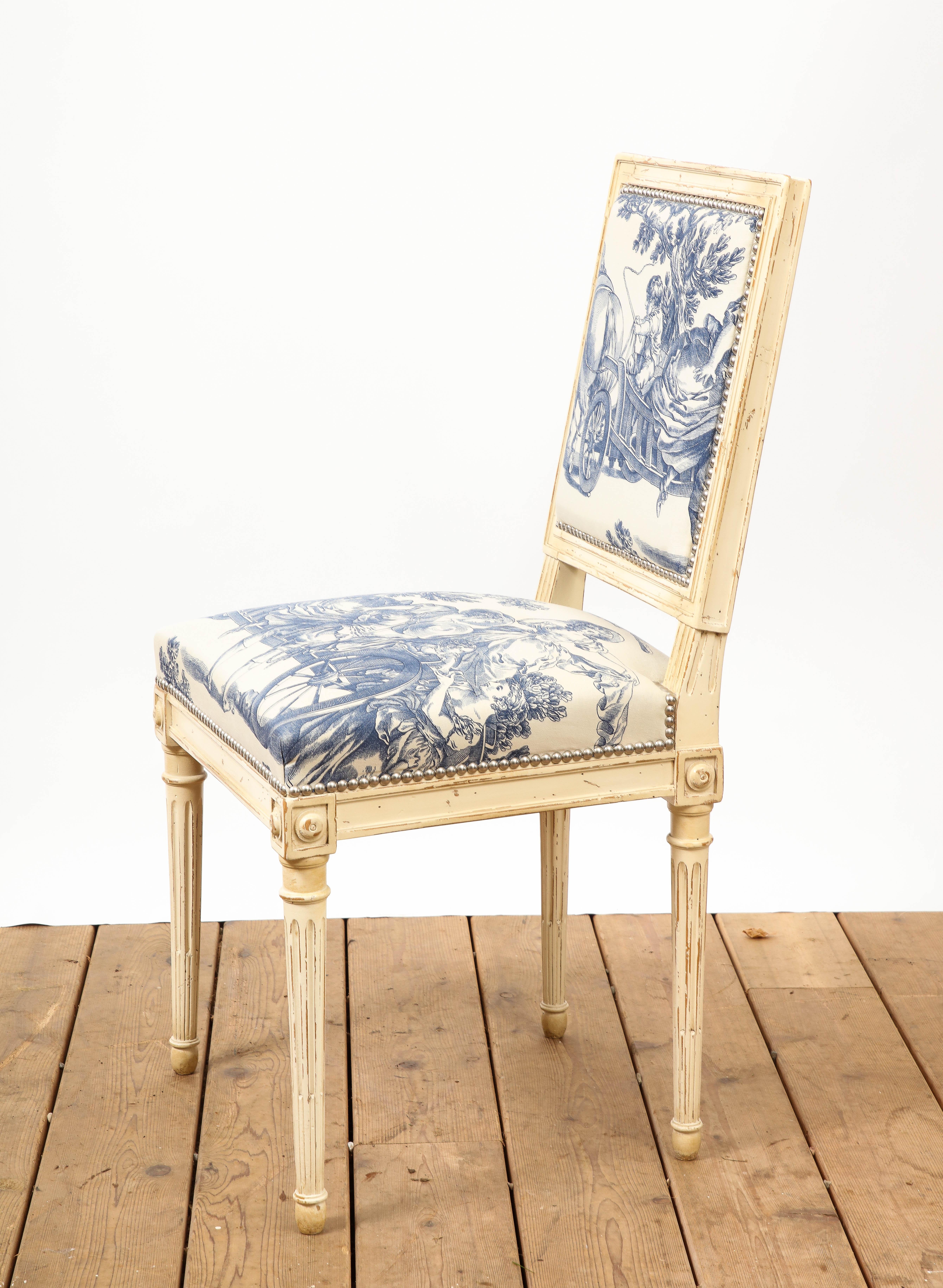 Set of 10 Louis XVI Style Cream Painted & Toile Dining Chairs 7