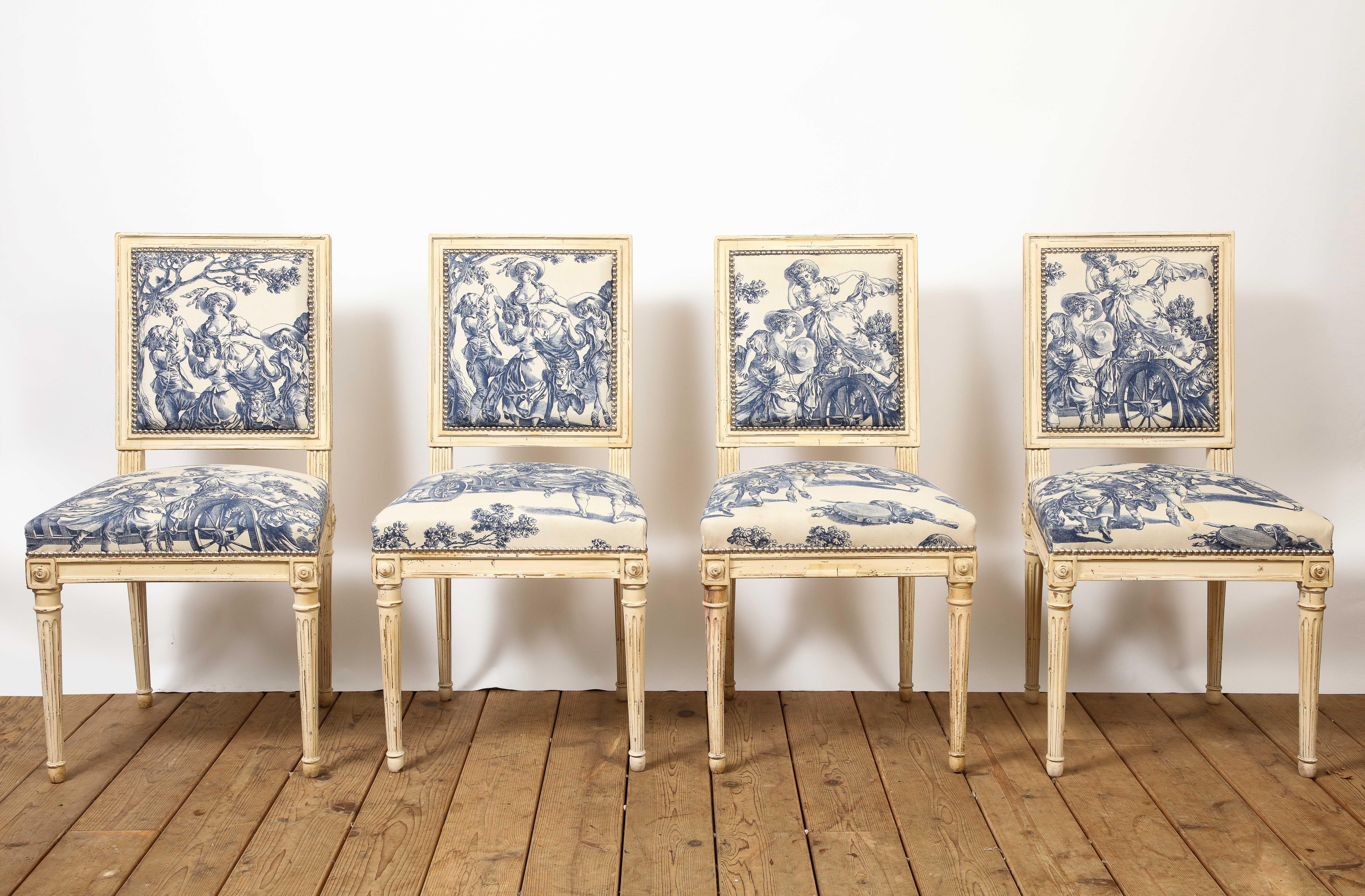 Set of 10 Louis XVI Style Cream Painted & Toile Dining Chairs In Good Condition In Chicago, IL