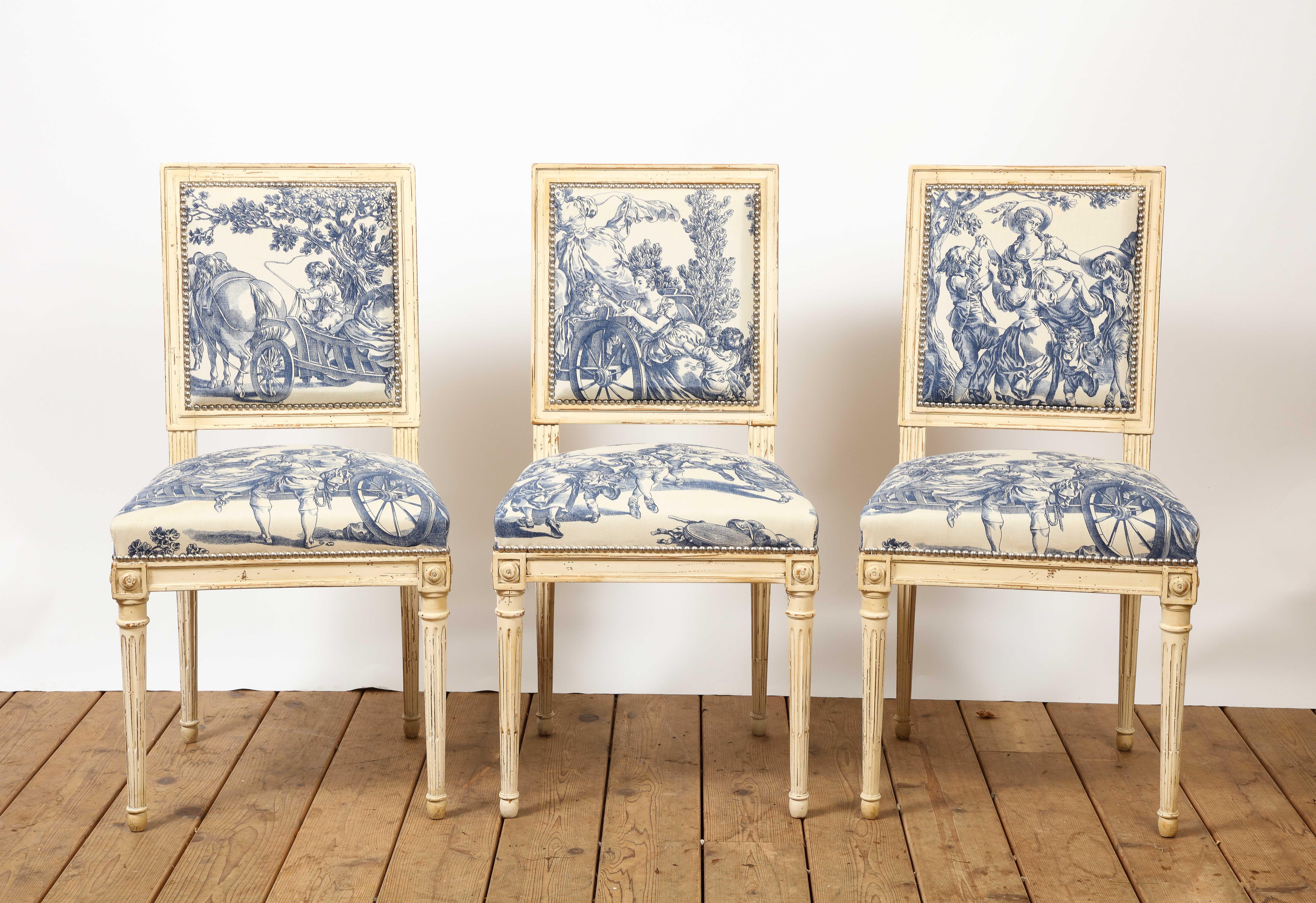 20th Century Set of 10 Louis XVI Style Cream Painted & Toile Dining Chairs