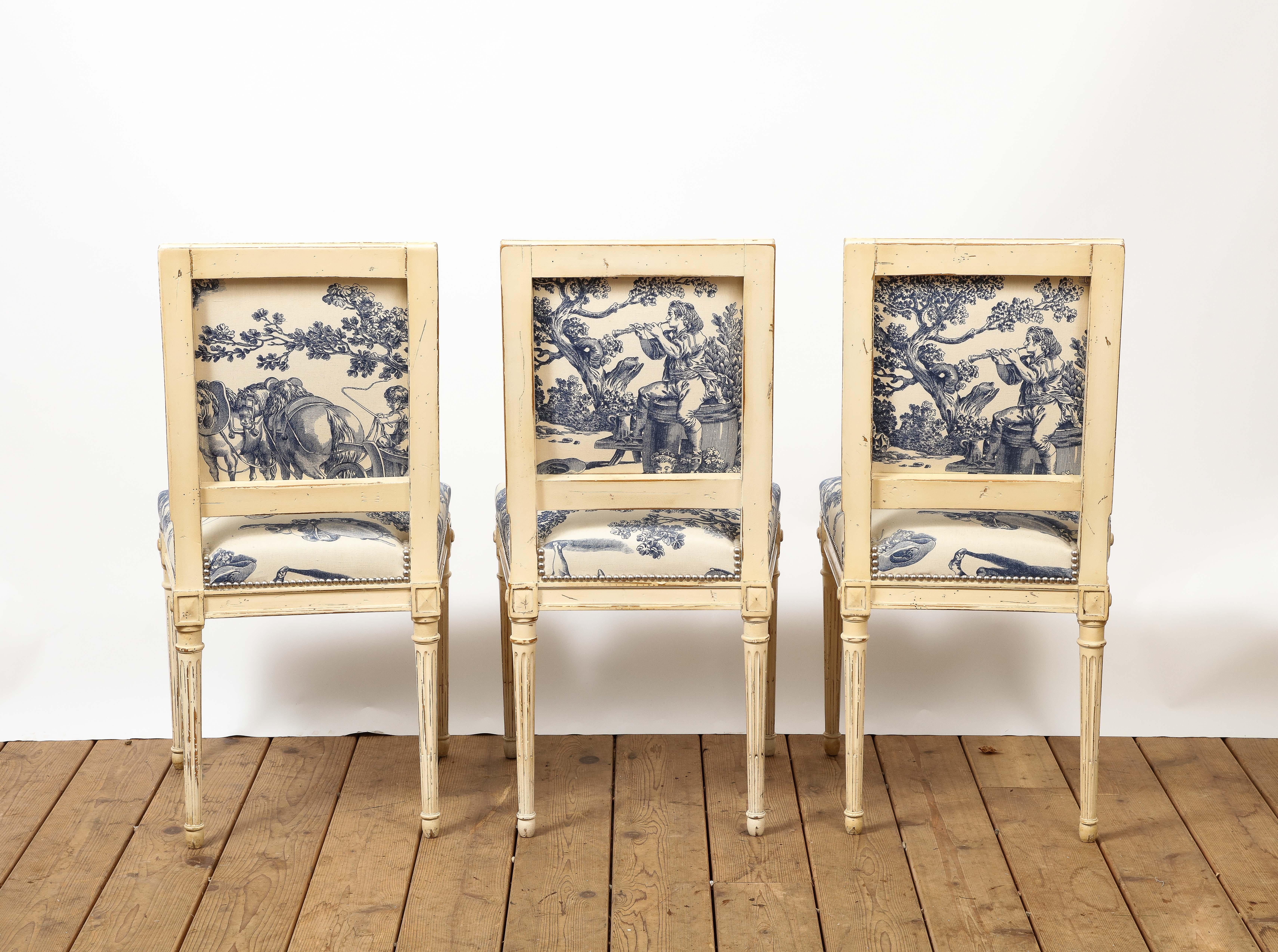 Set of 10 Louis XVI Style Cream Painted & Toile Dining Chairs 1