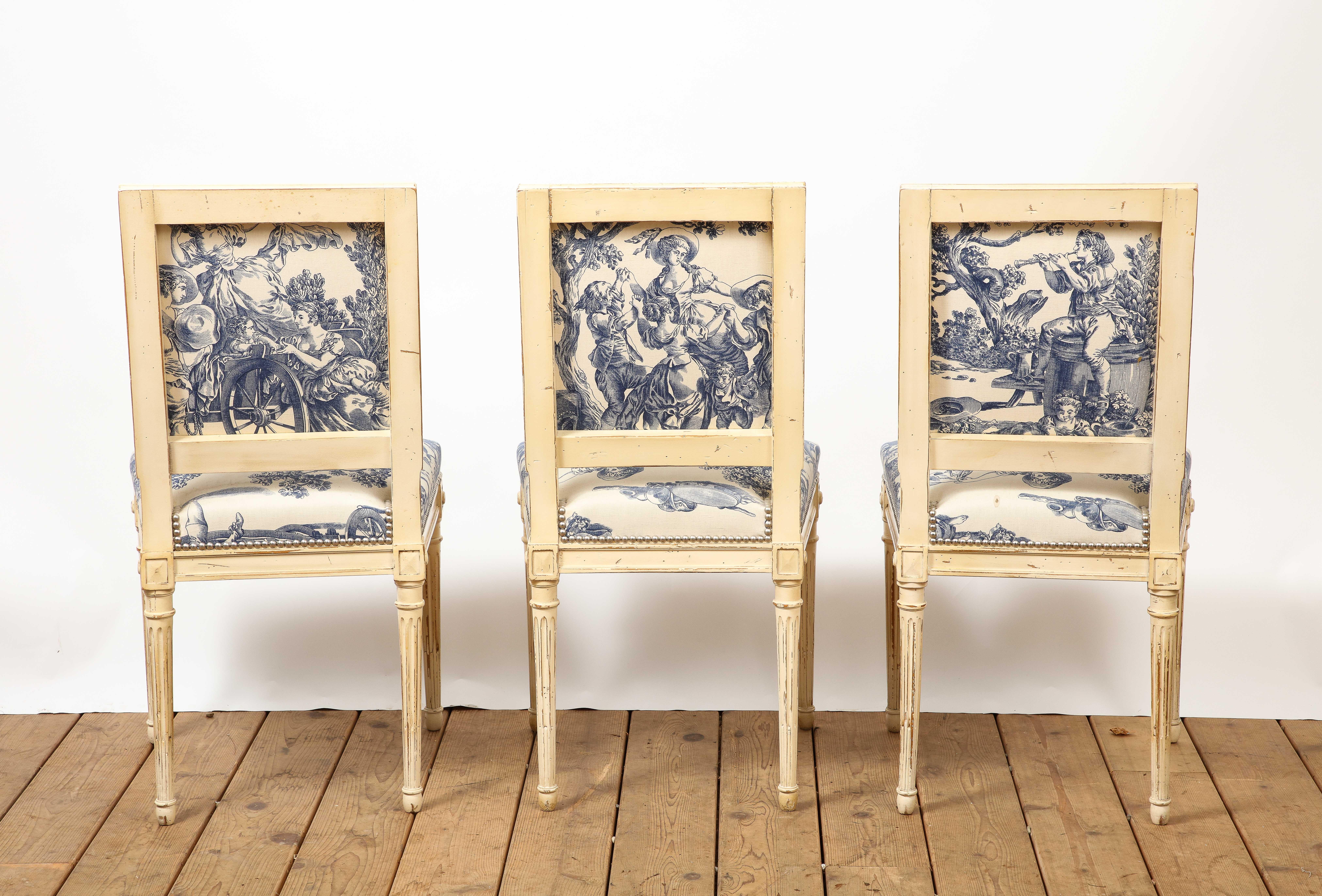 Set of 10 Louis XVI Style Cream Painted & Toile Dining Chairs 2