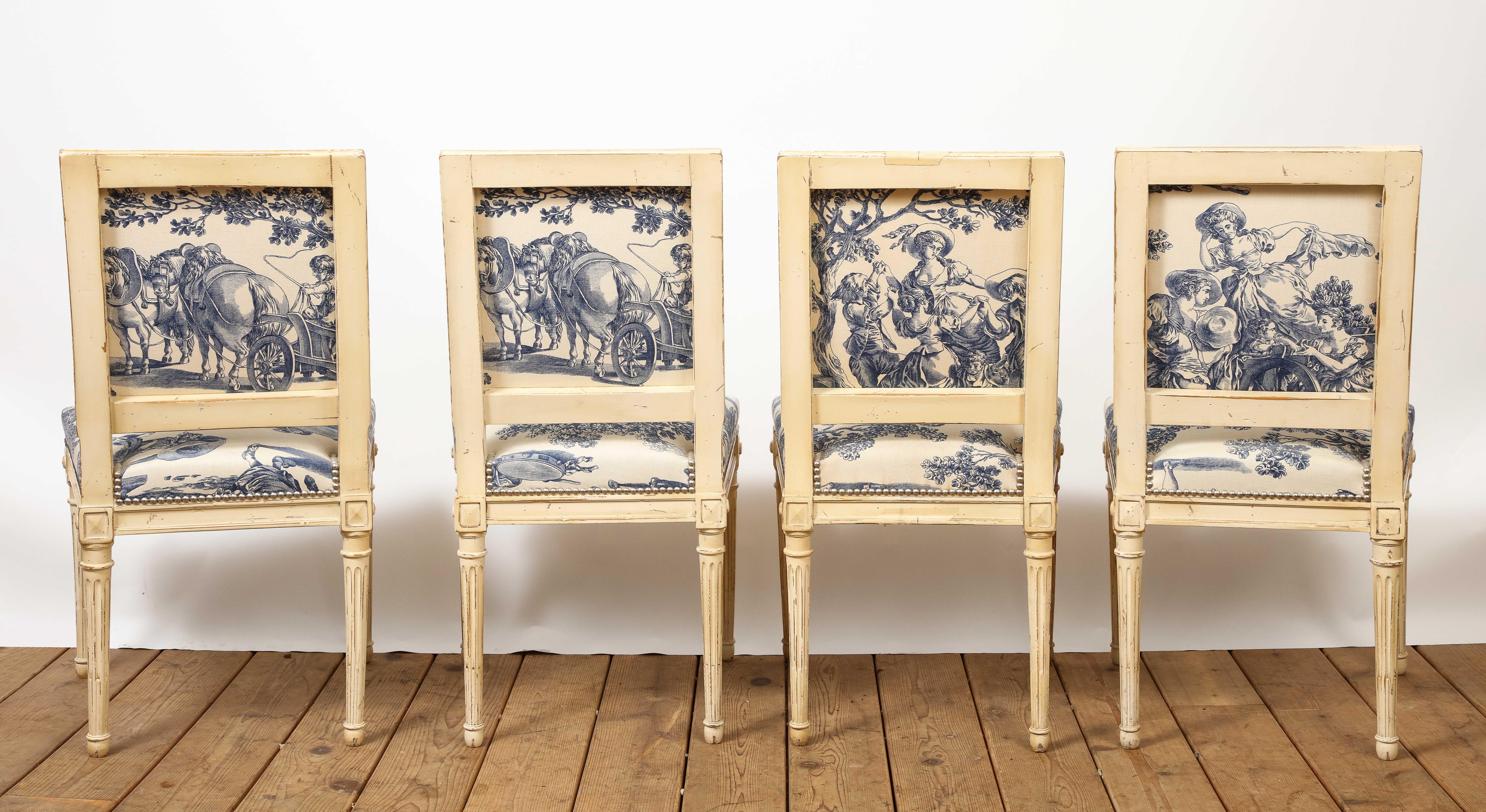 Set of 10 Louis XVI Style Cream Painted & Toile Dining Chairs 3
