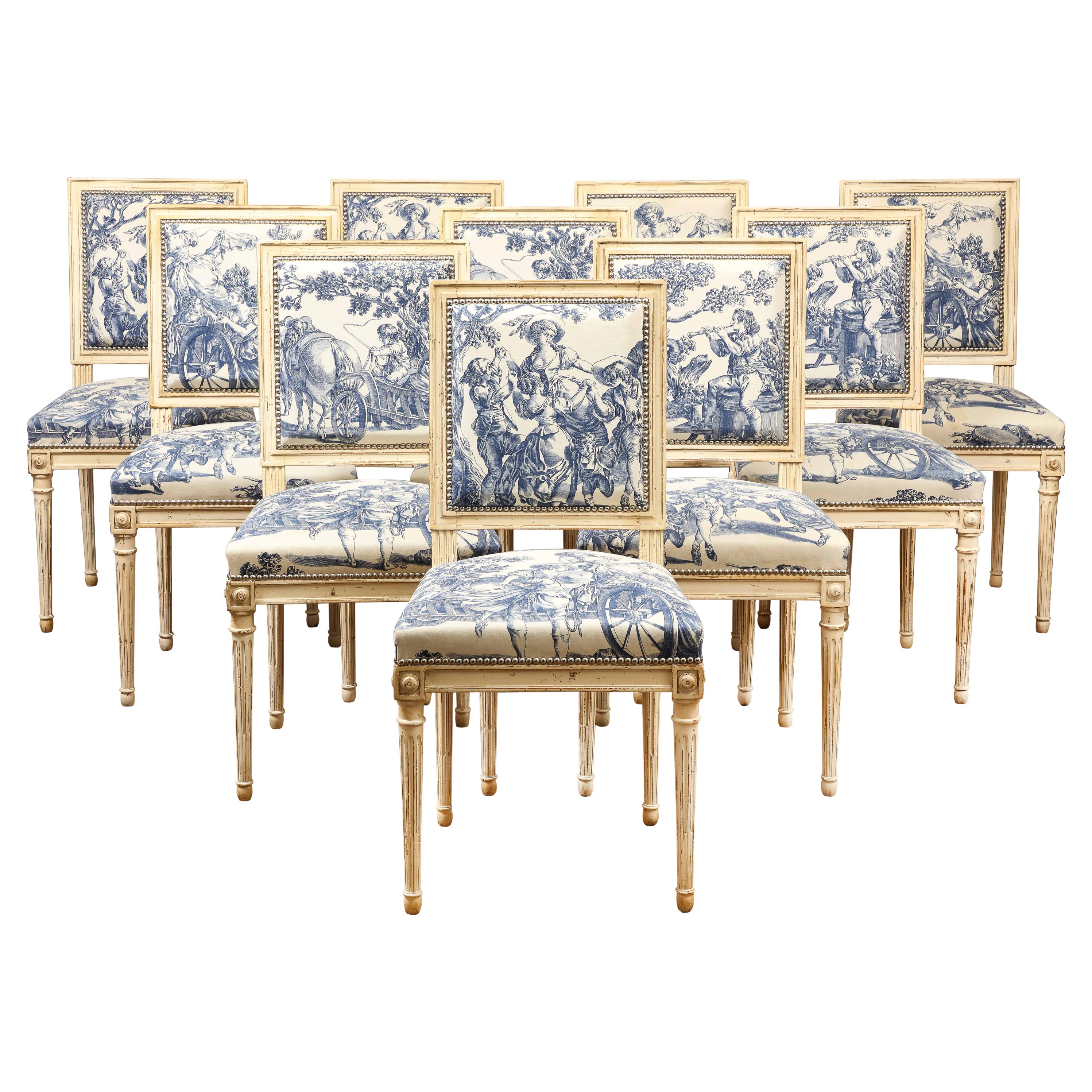 Set of 10 Louis XVI Style Cream Painted & Toile Dining Chairs