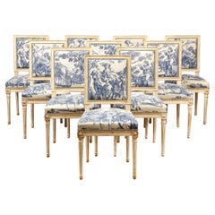 Set of 10 Louis XVI Style Cream Painted & Toile Dining Chairs