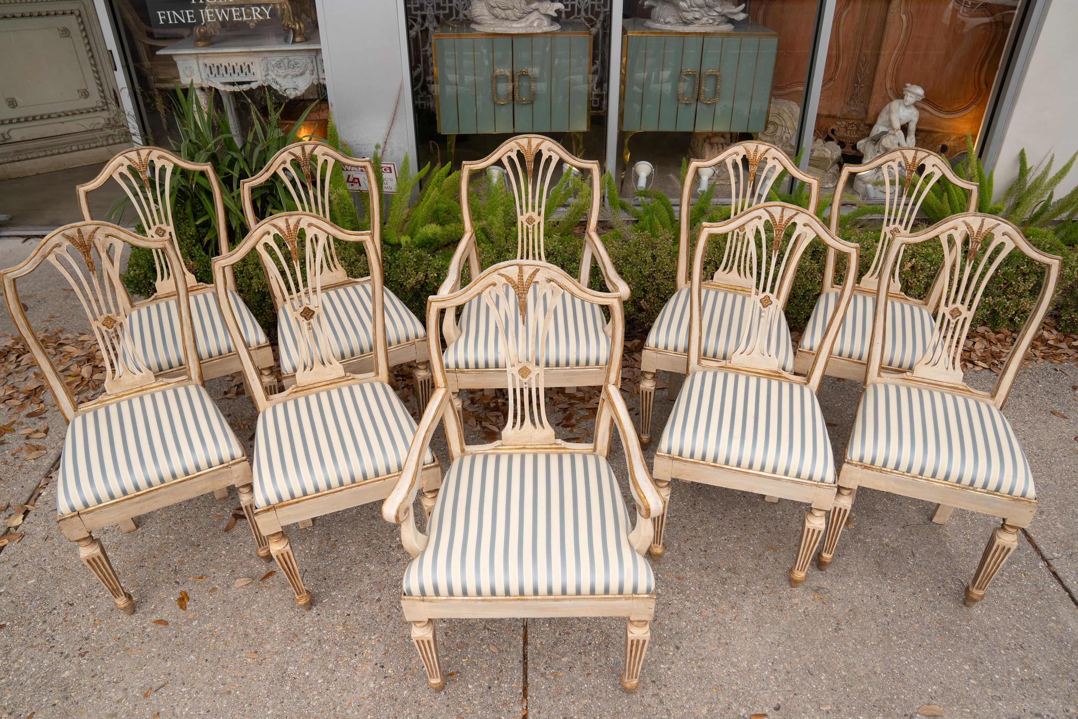 Set of 10 Louis XVI Style Painted and Gilded Chairs 1