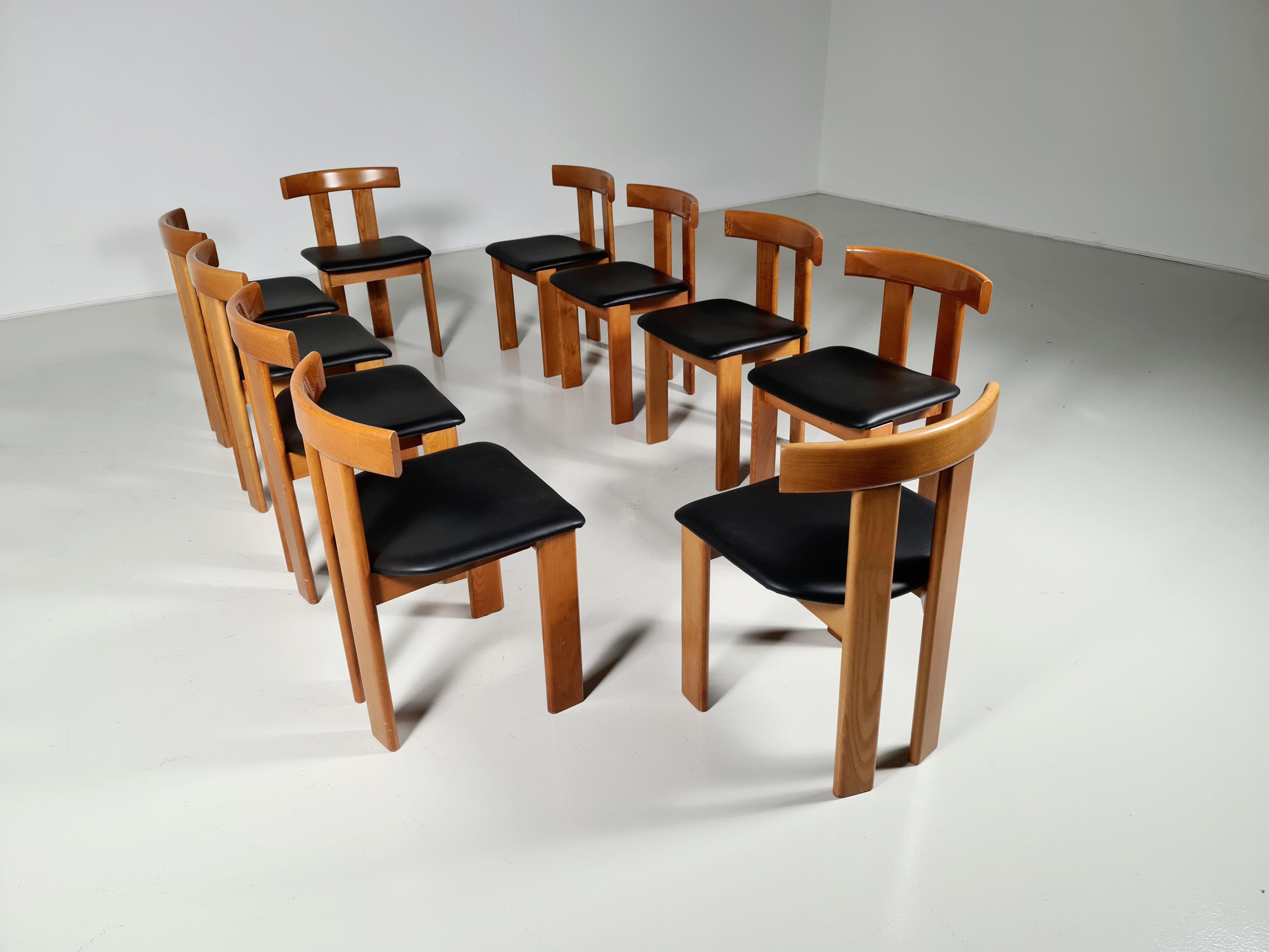 Set of 10 dining chairs by Luigi Vaghi for Former, 1960s. Blond birch wood with reupholstered black leather seats.
