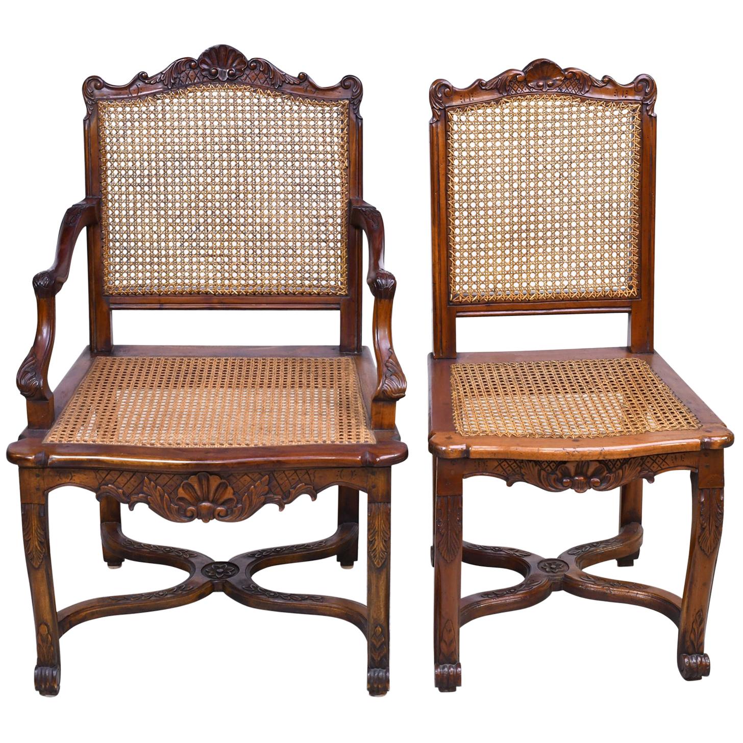 Set of 10 French Louis XVI style mahogany chairs beautifully carved with cane seats and back. Pair of armchairs and 8 side chairs.
Great buy but 5 of the 10 chairs need the seats replaced. The seats frames are pegged in and are removable.
We can