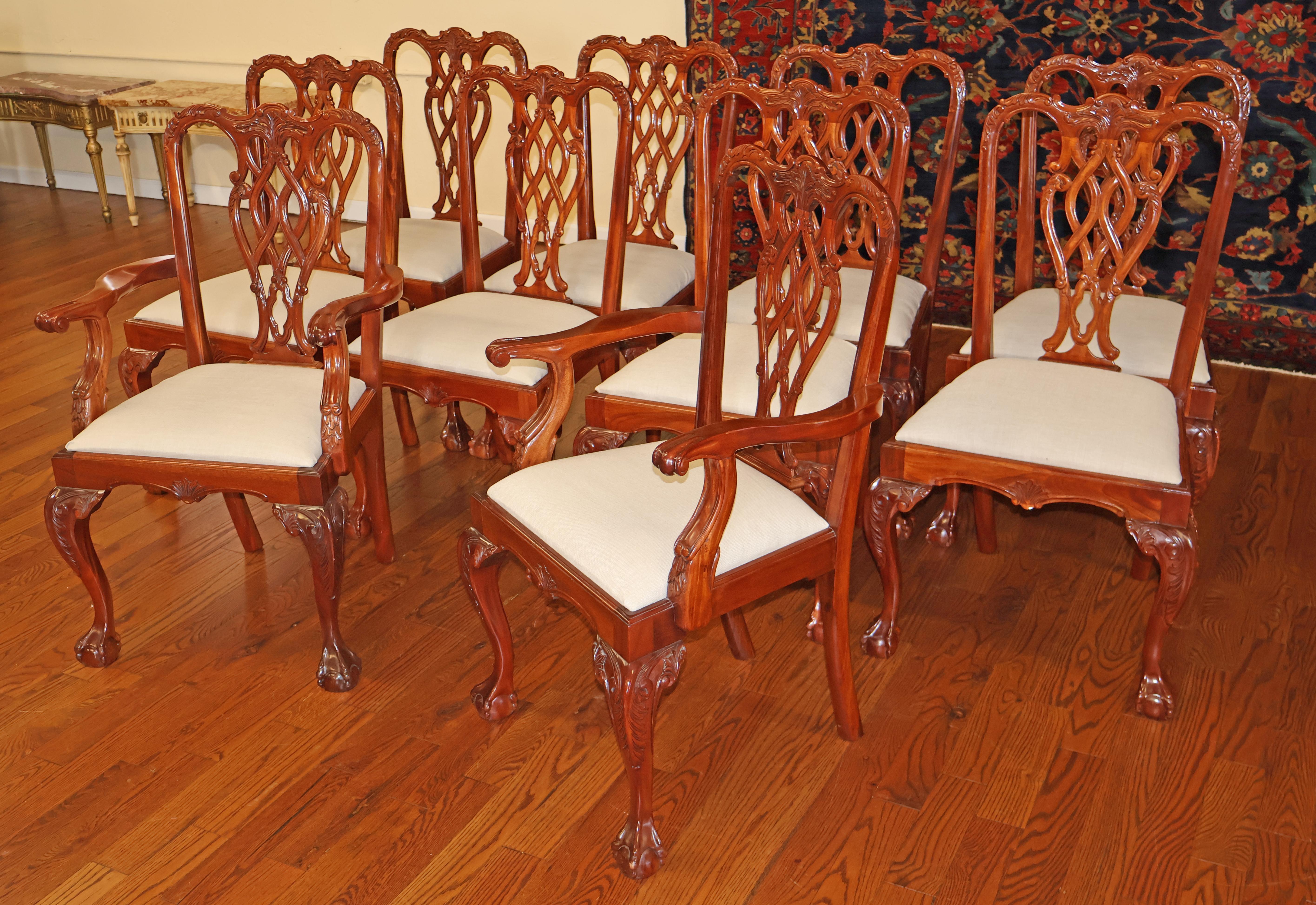 Set of 10 Mahogany Chippendale Style Ball & Claw Foot Dining Chairs In Good Condition For Sale In Long Branch, NJ