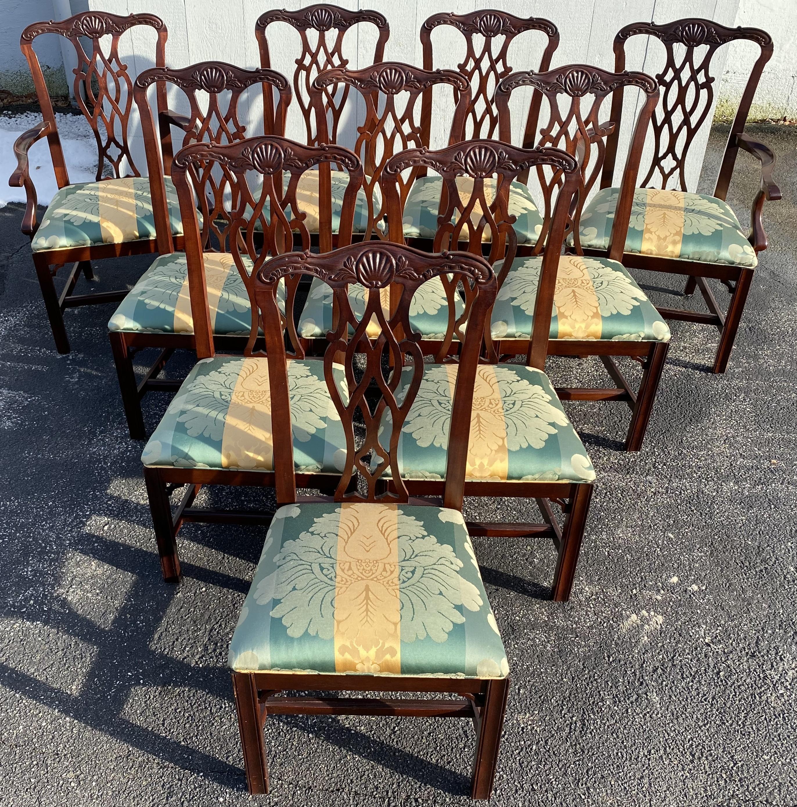 A fine set of ten solid mahogany style dining chairs, two armchairs and eight side chairs,  with nicely upholstered two tone attached slip seats in green and gold, with carved shell crests, pierce carved splats, scrolled arms, and Marlborough legs