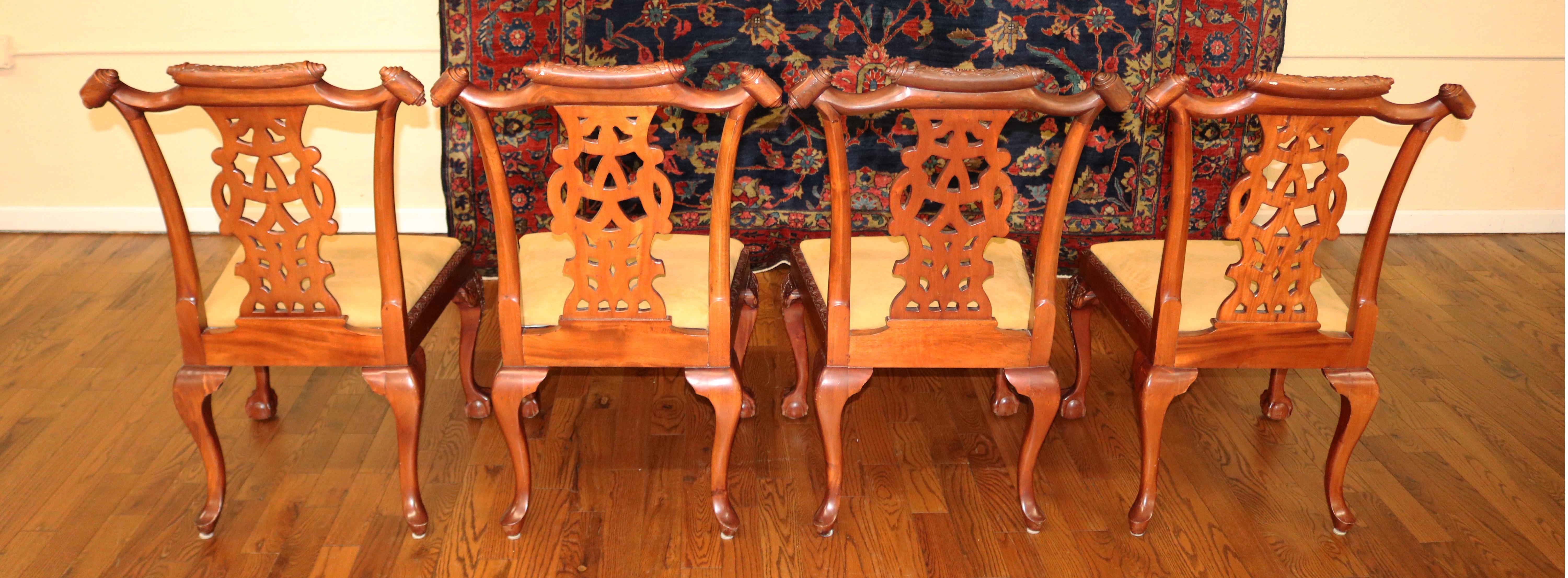 Set of 10 Mahogany Irish Chippendale Style Dining Chairs Beige / Gold Fabric 7