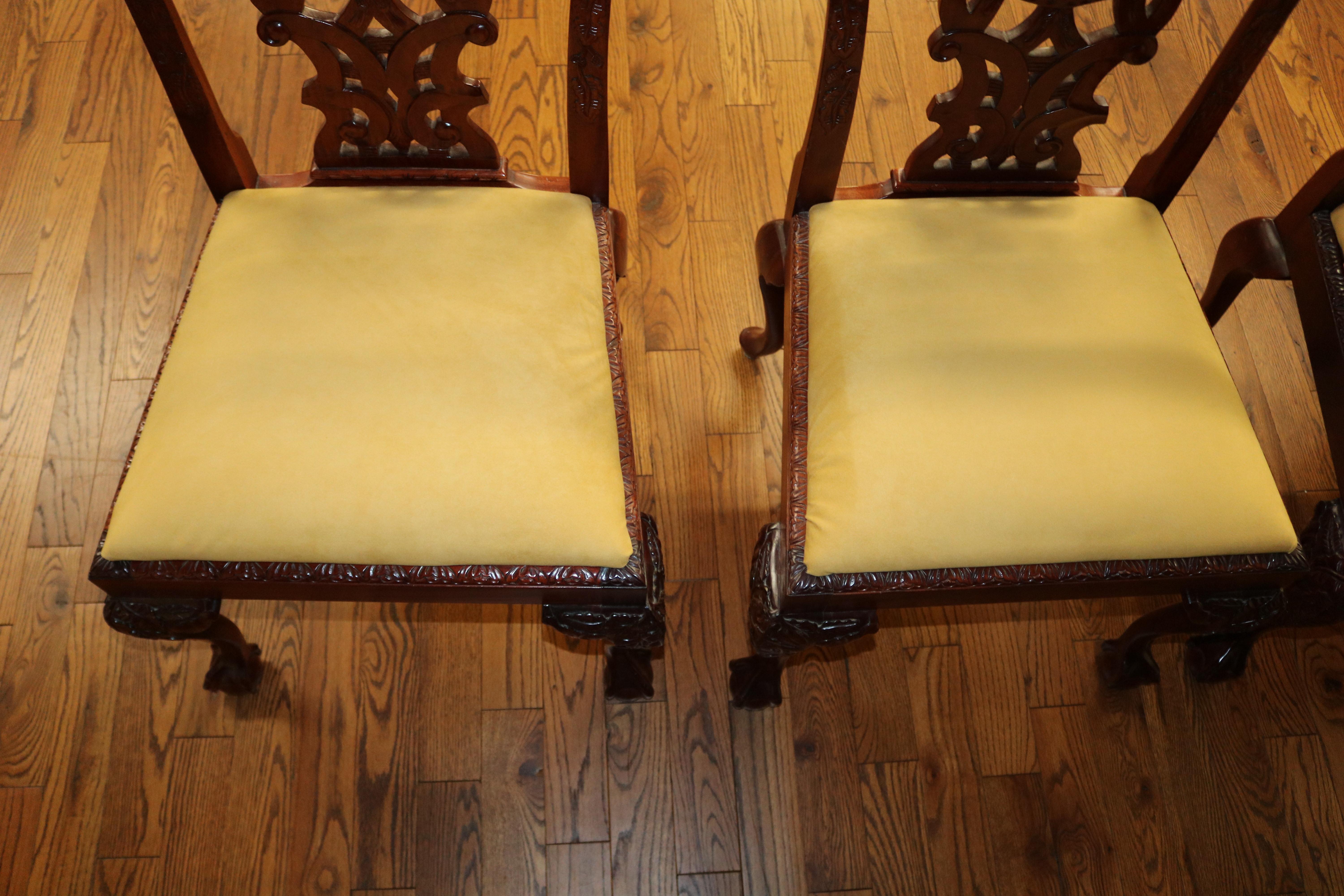 Set of 10 Mahogany Irish Chippendale Style Dining Chairs Beige / Gold Fabric 8