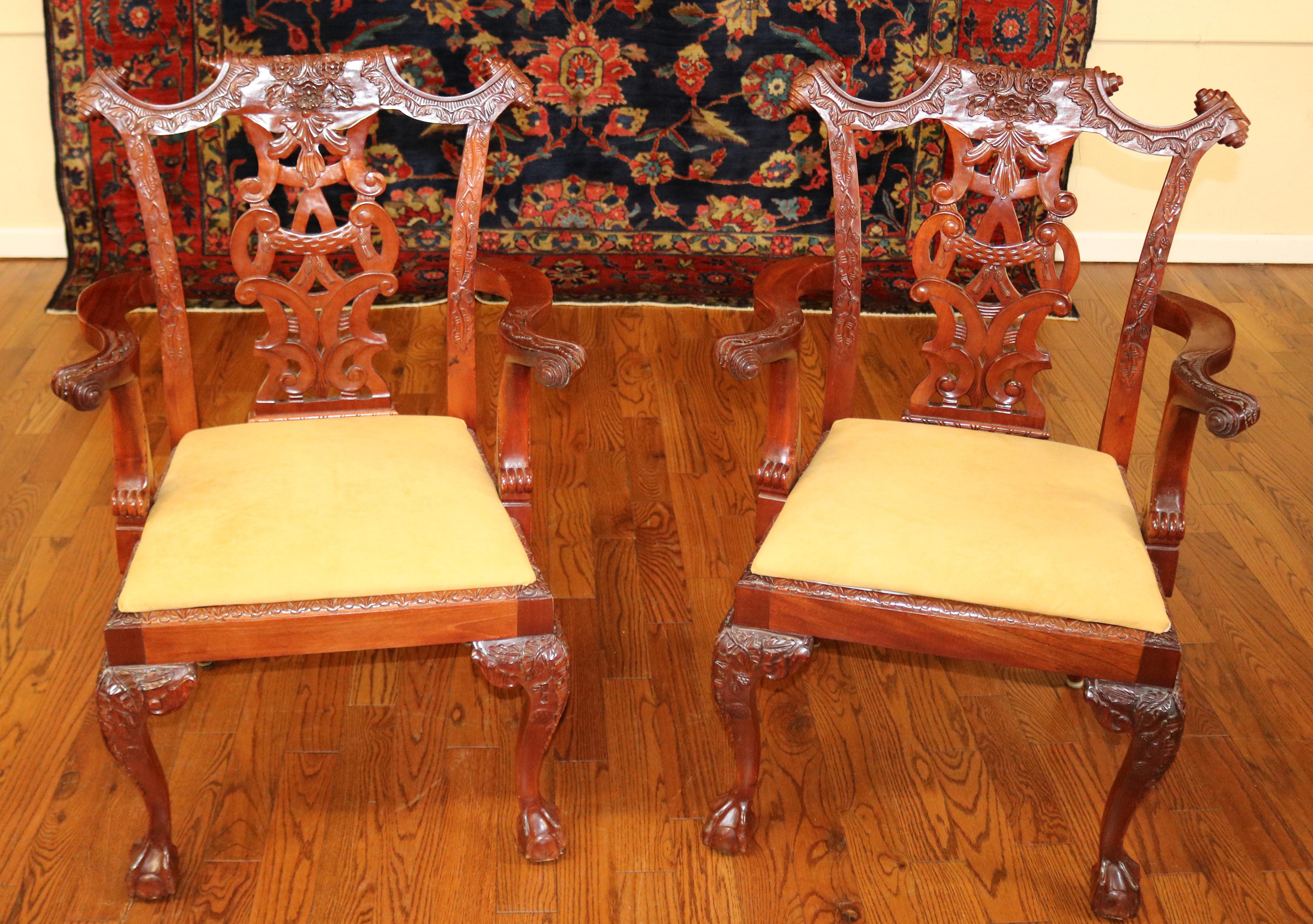 Set of 10 Mahogany Irish Chippendale Style Dining Chairs Beige / Gold Fabric 11