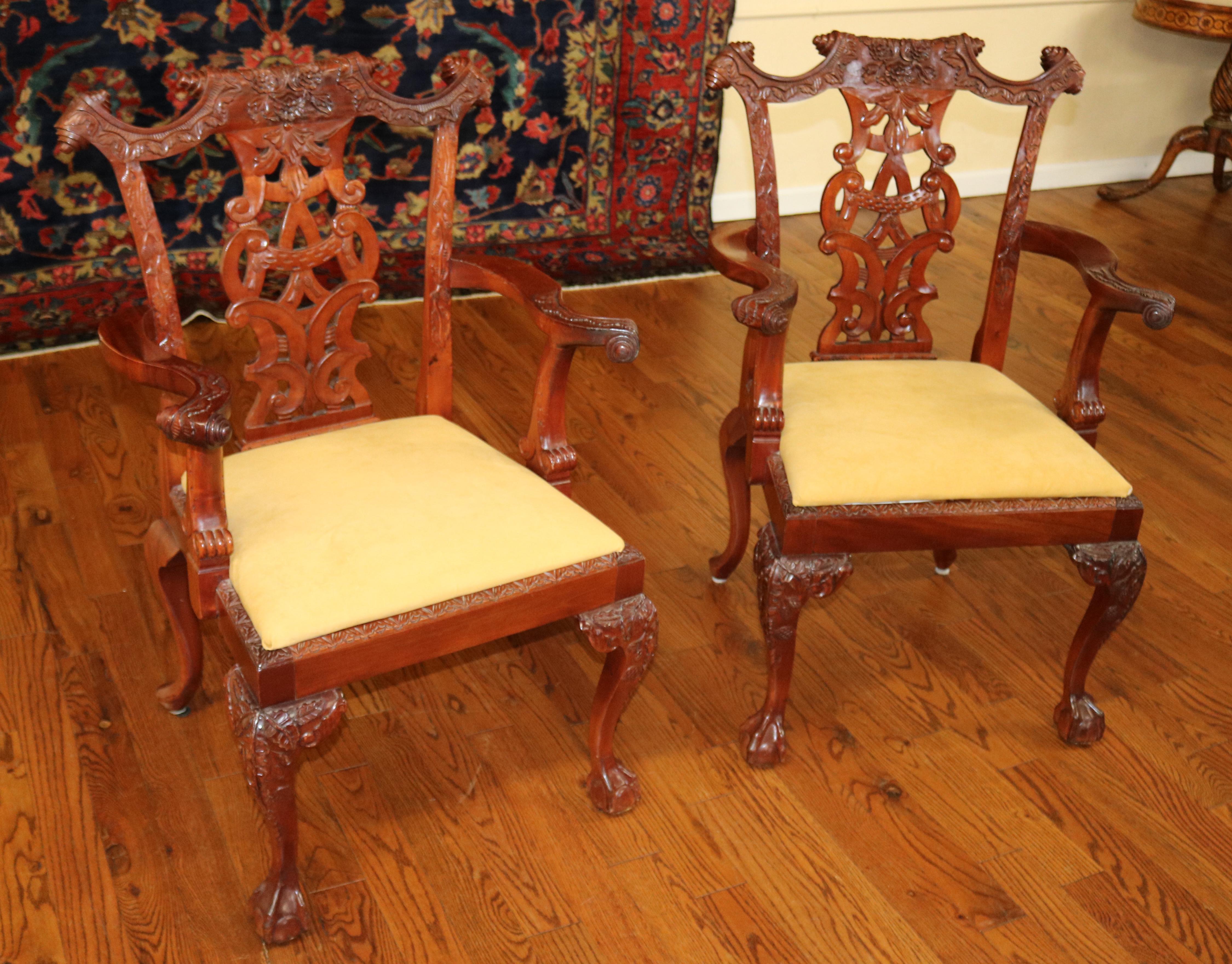 Set of 10 Mahogany Irish Chippendale Style Dining Chairs Beige / Gold Fabric 12