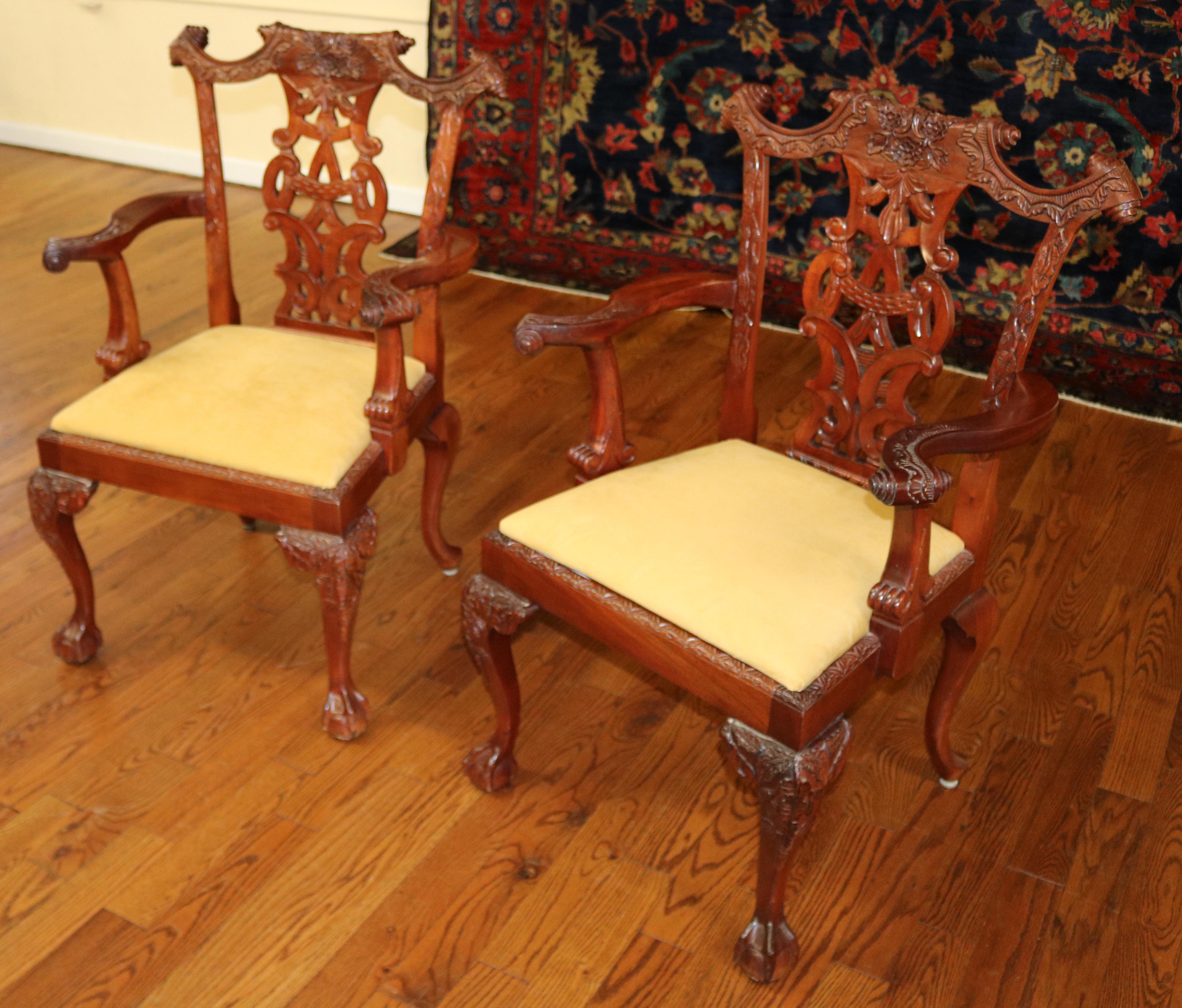 Set of 10 Mahogany Irish Chippendale Style Dining Chairs Beige / Gold Fabric 13