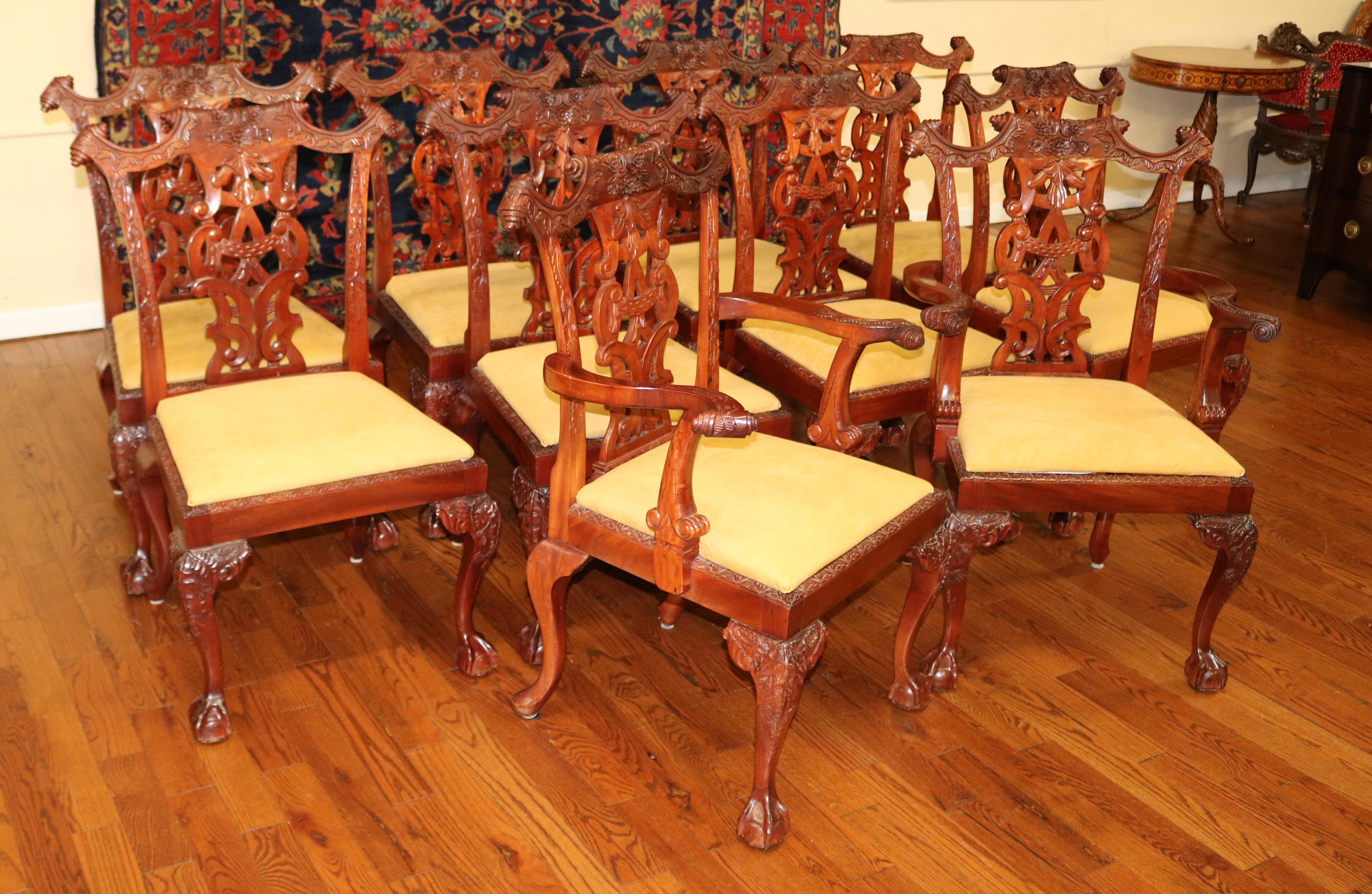 British Set of 10 Mahogany Irish Chippendale Style Dining Chairs Beige / Gold Fabric