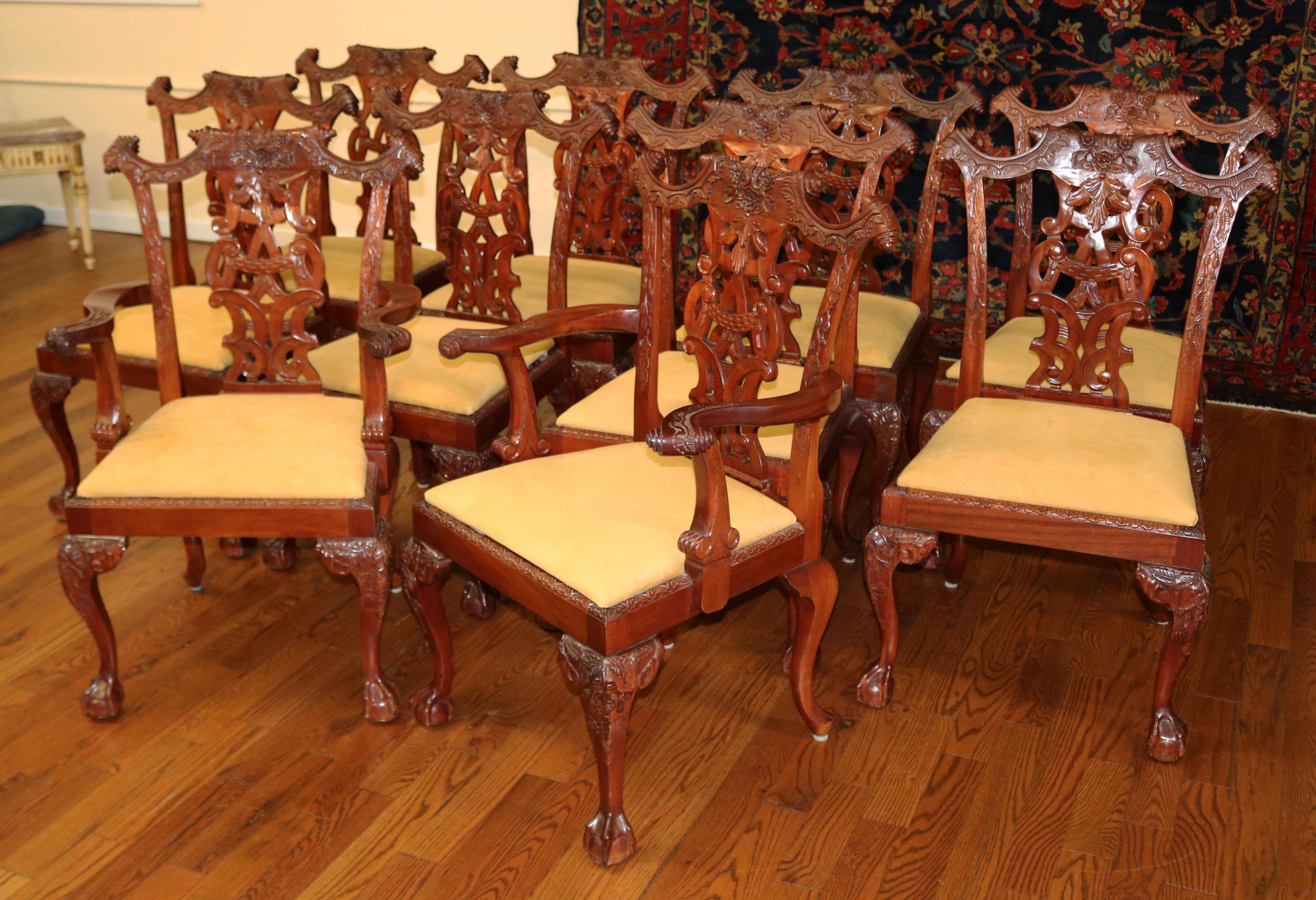 Hand-Carved Set of 10 Mahogany Irish Chippendale Style Dining Chairs Beige / Gold Fabric