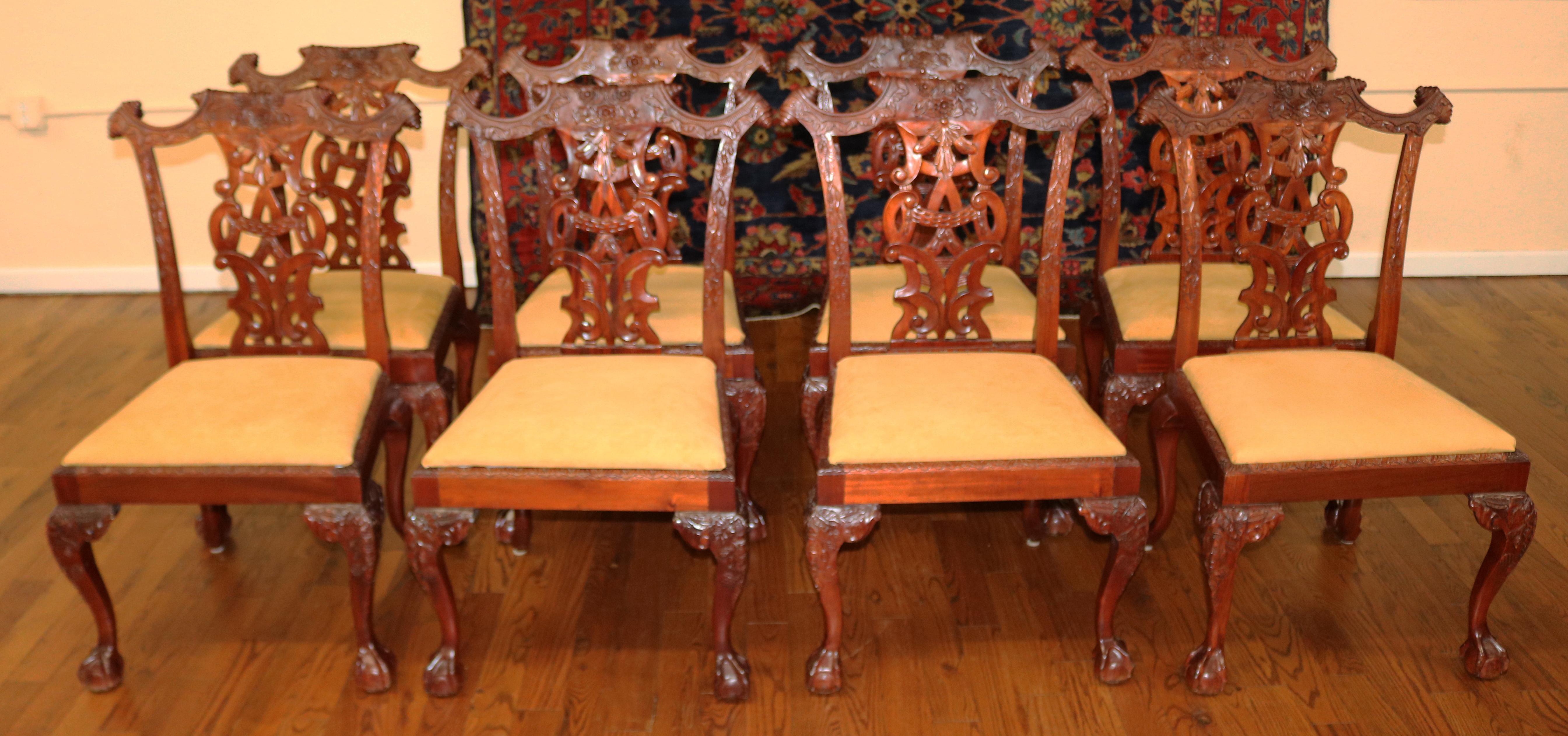 Late 20th Century Set of 10 Mahogany Irish Chippendale Style Dining Chairs Beige / Gold Fabric