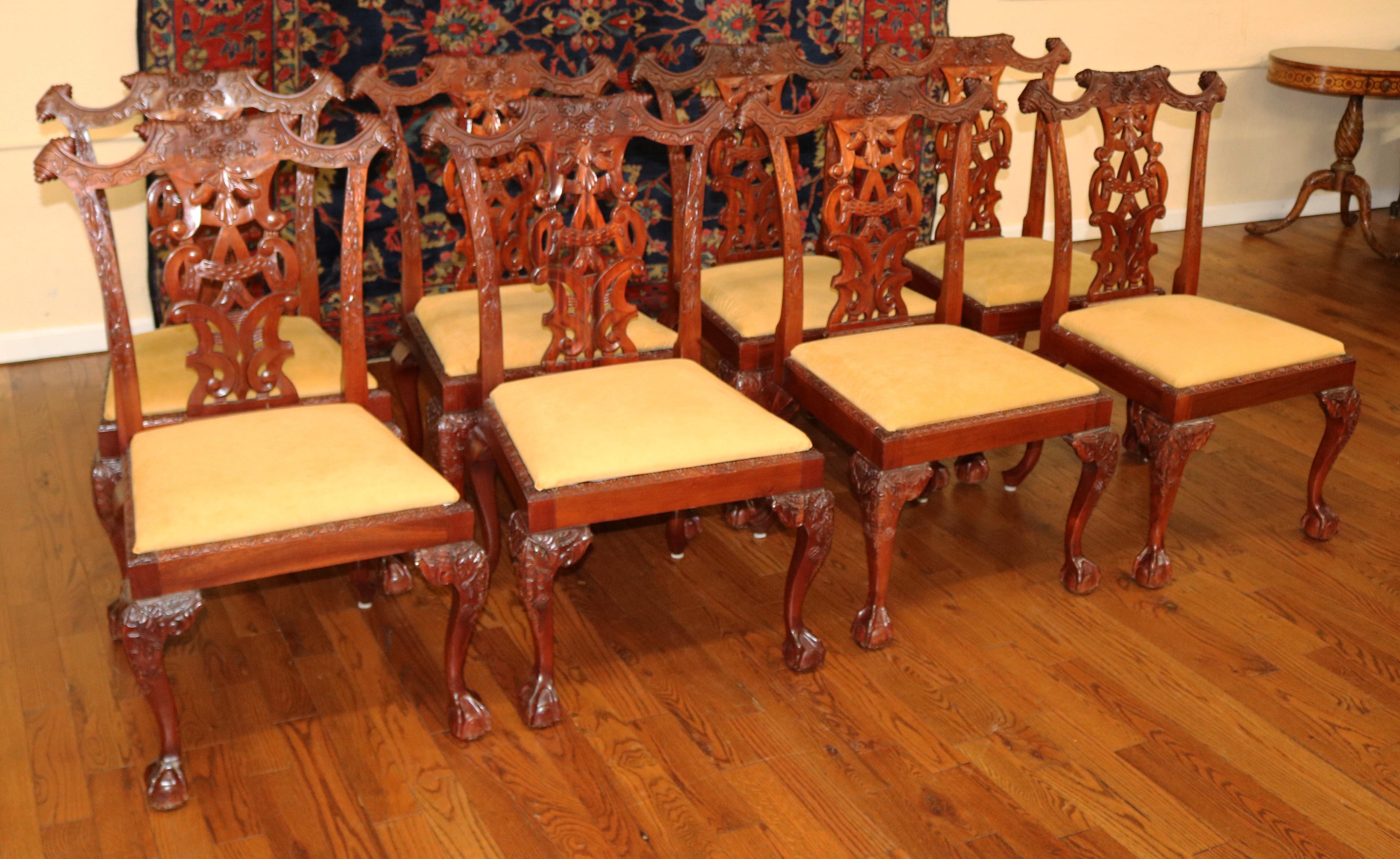 Set of 10 Mahogany Irish Chippendale Style Dining Chairs Beige / Gold Fabric 1