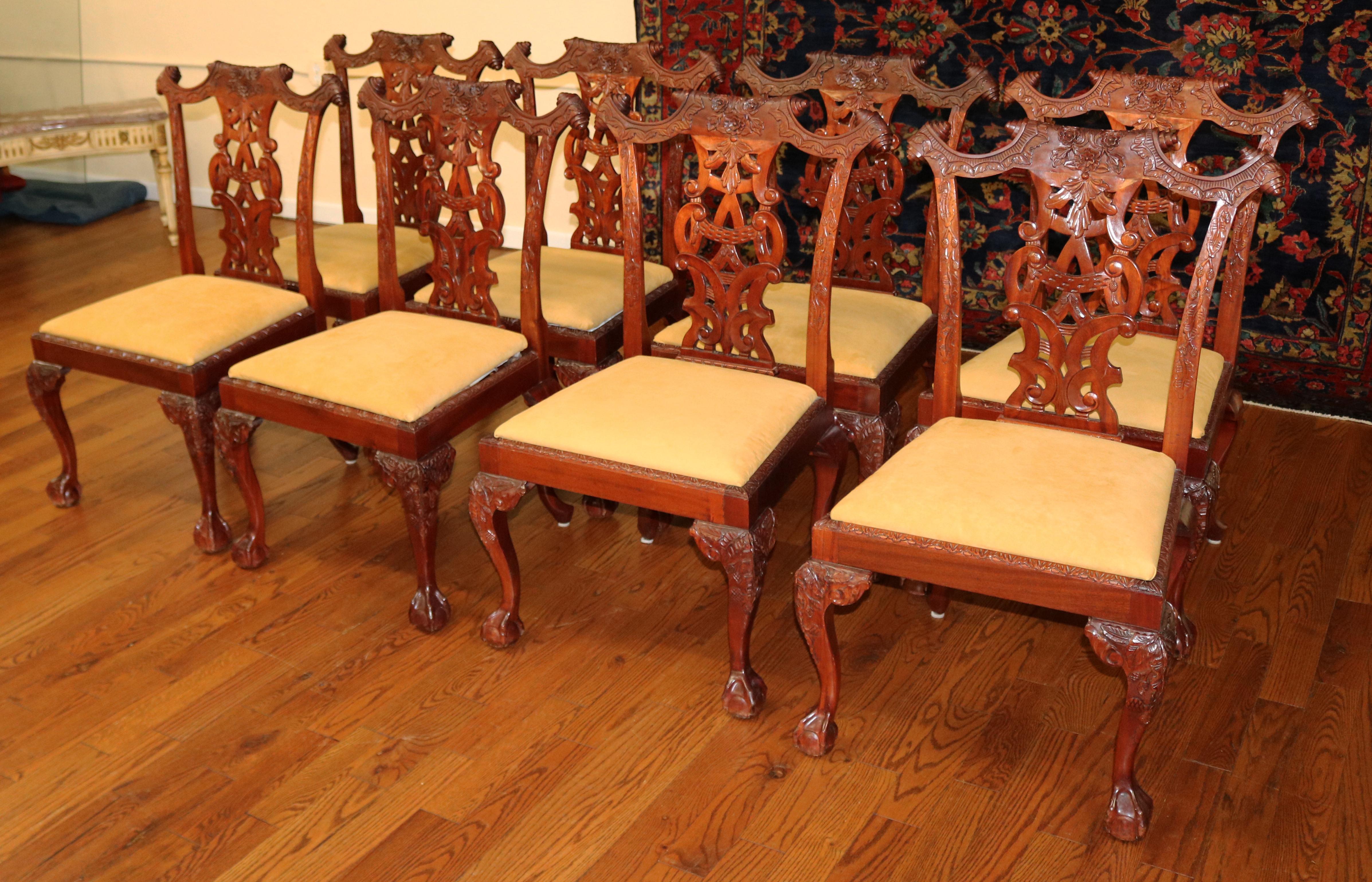 Set of 10 Mahogany Irish Chippendale Style Dining Chairs Beige / Gold Fabric 2