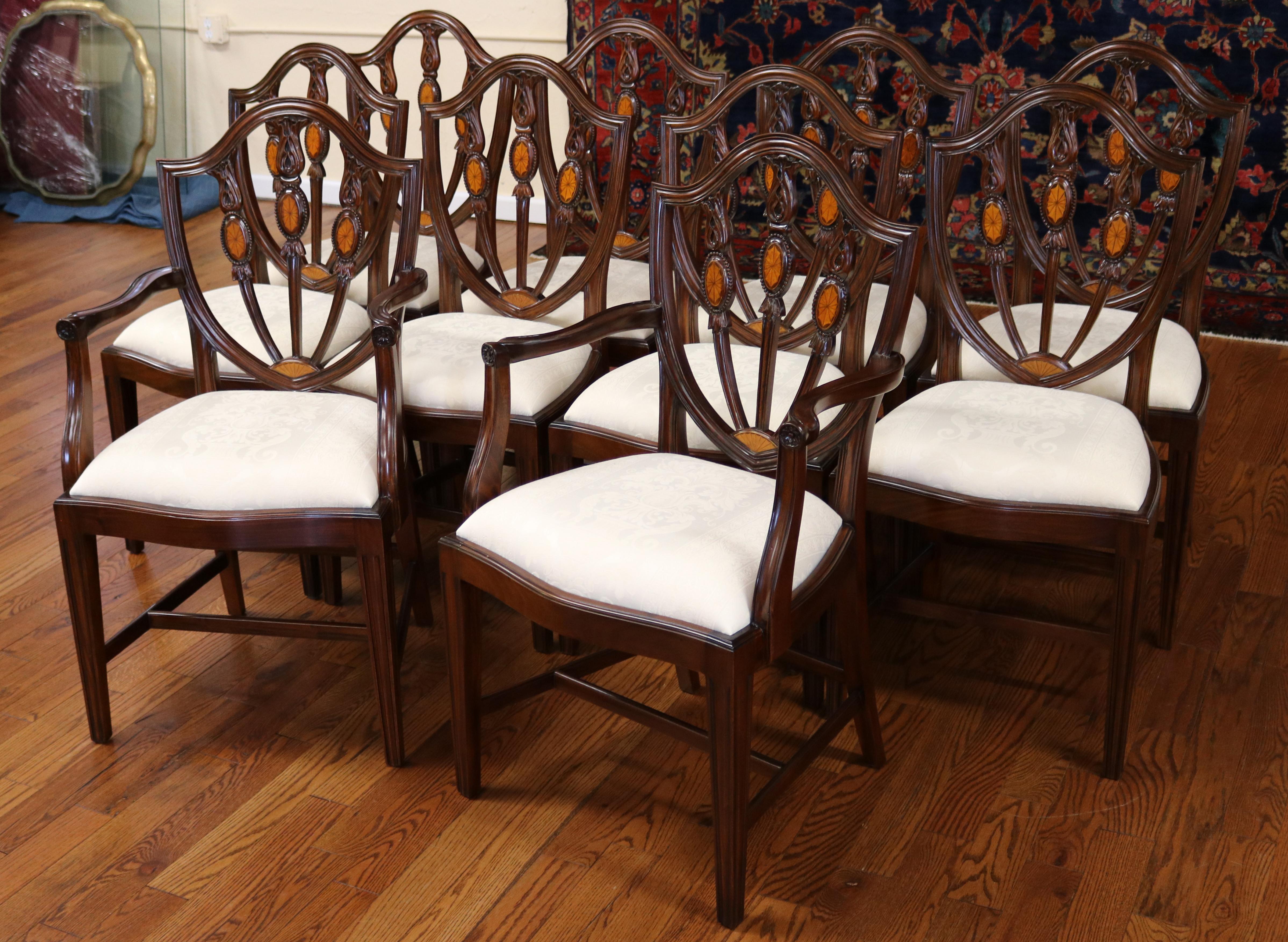 American Set of 10 Mahogany Satinwood Inlaid Baltimore Federal Style Dining Chairs For Sale