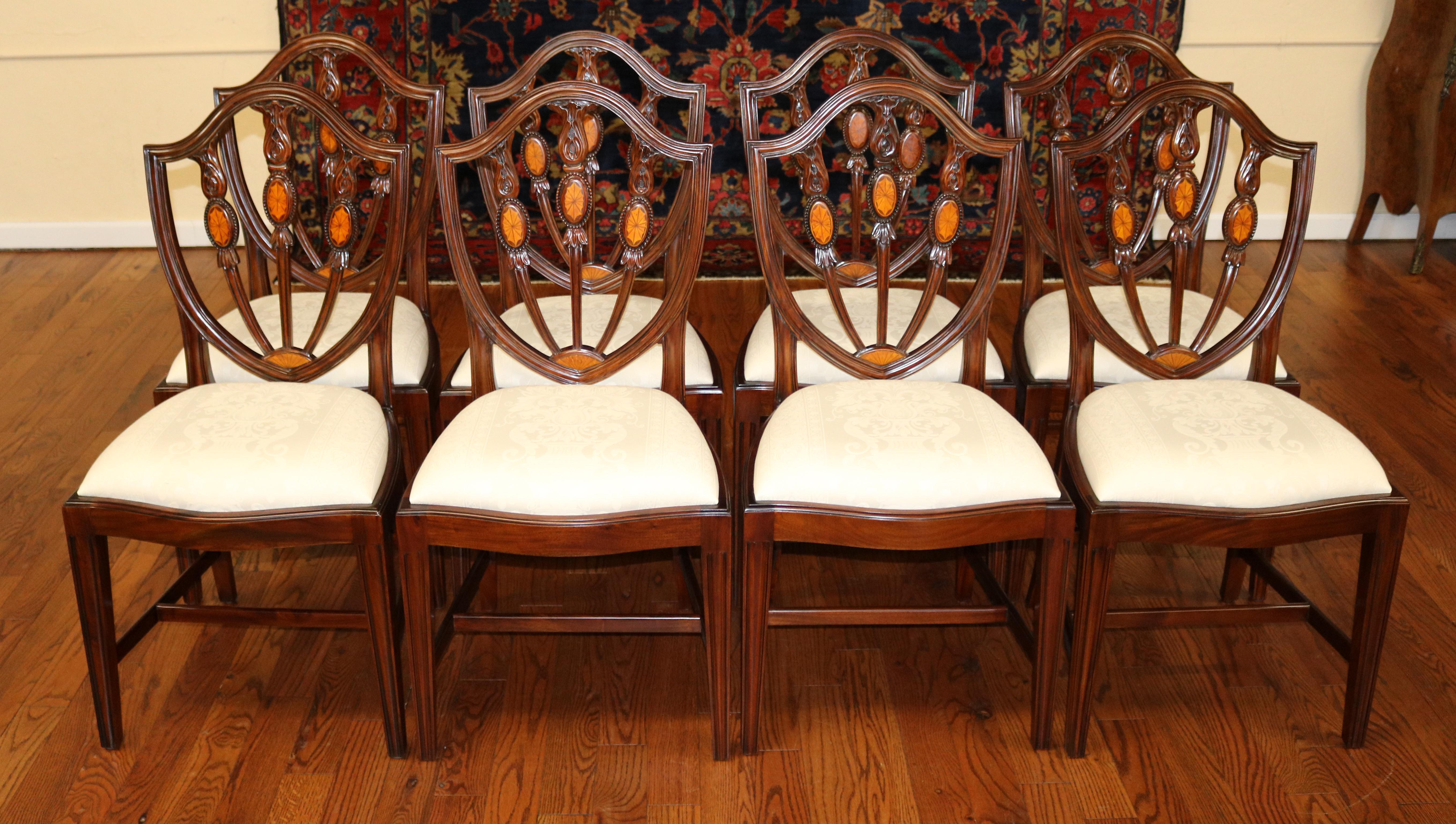 Set of 10 Mahogany Satinwood Inlaid Baltimore Federal Style Dining Chairs In Excellent Condition For Sale In Long Branch, NJ
