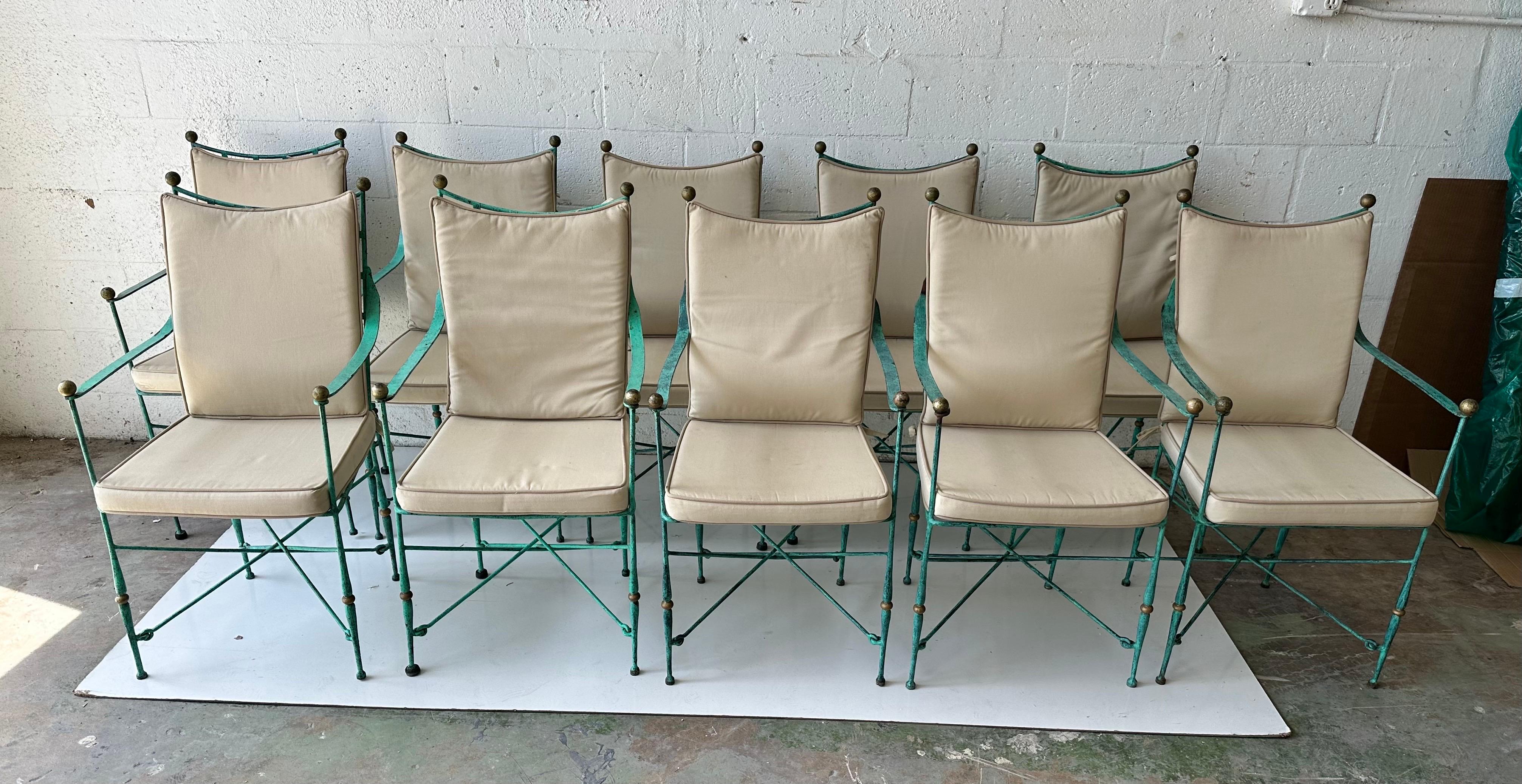 Set of ten wrought iron armchair Maison Jansen style , green patina.