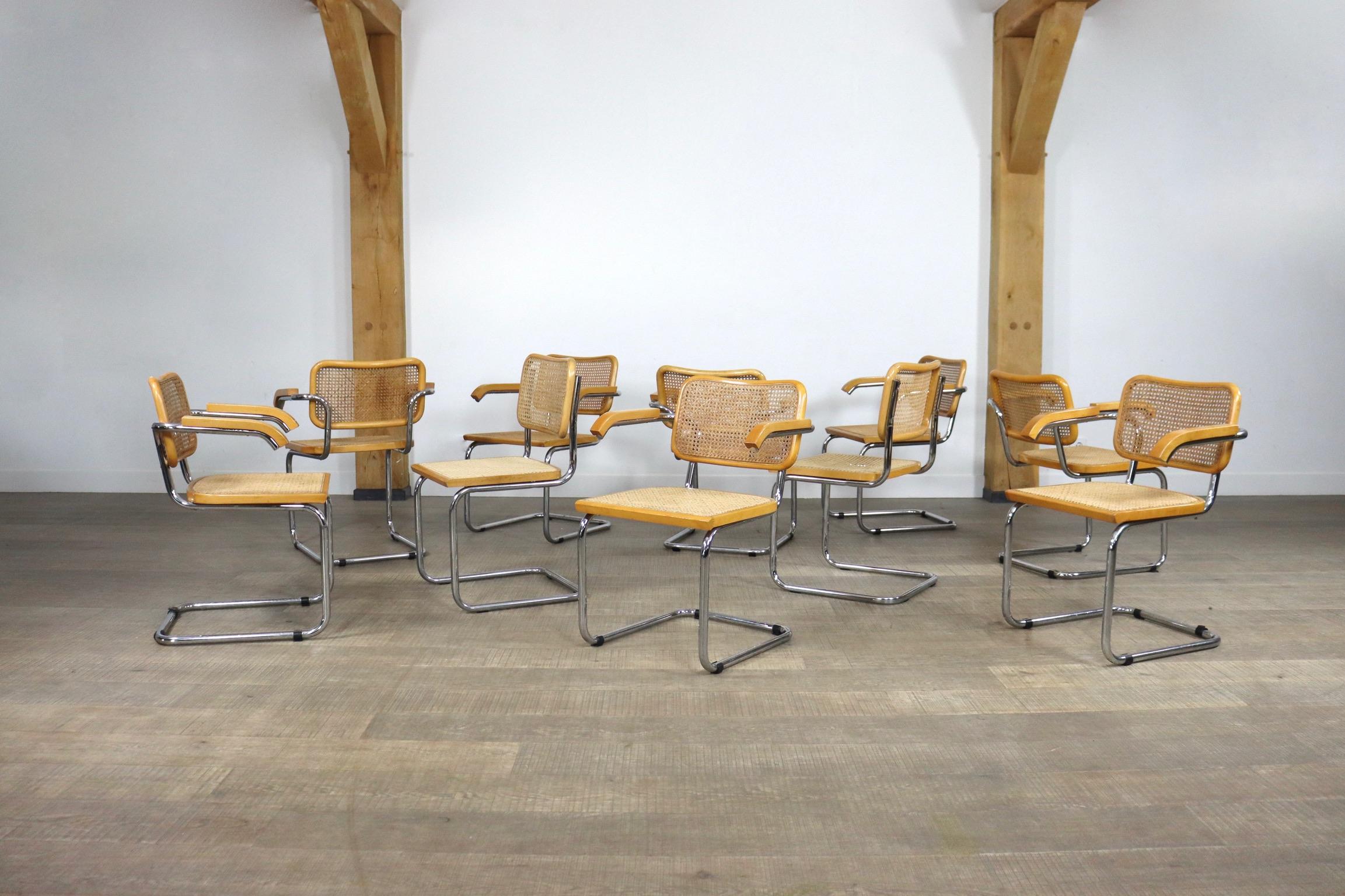 Rattan Set of 10 Marcel Breuer B32 Chrome and Webbing Cesca Dining Chairs, Italy 1960s