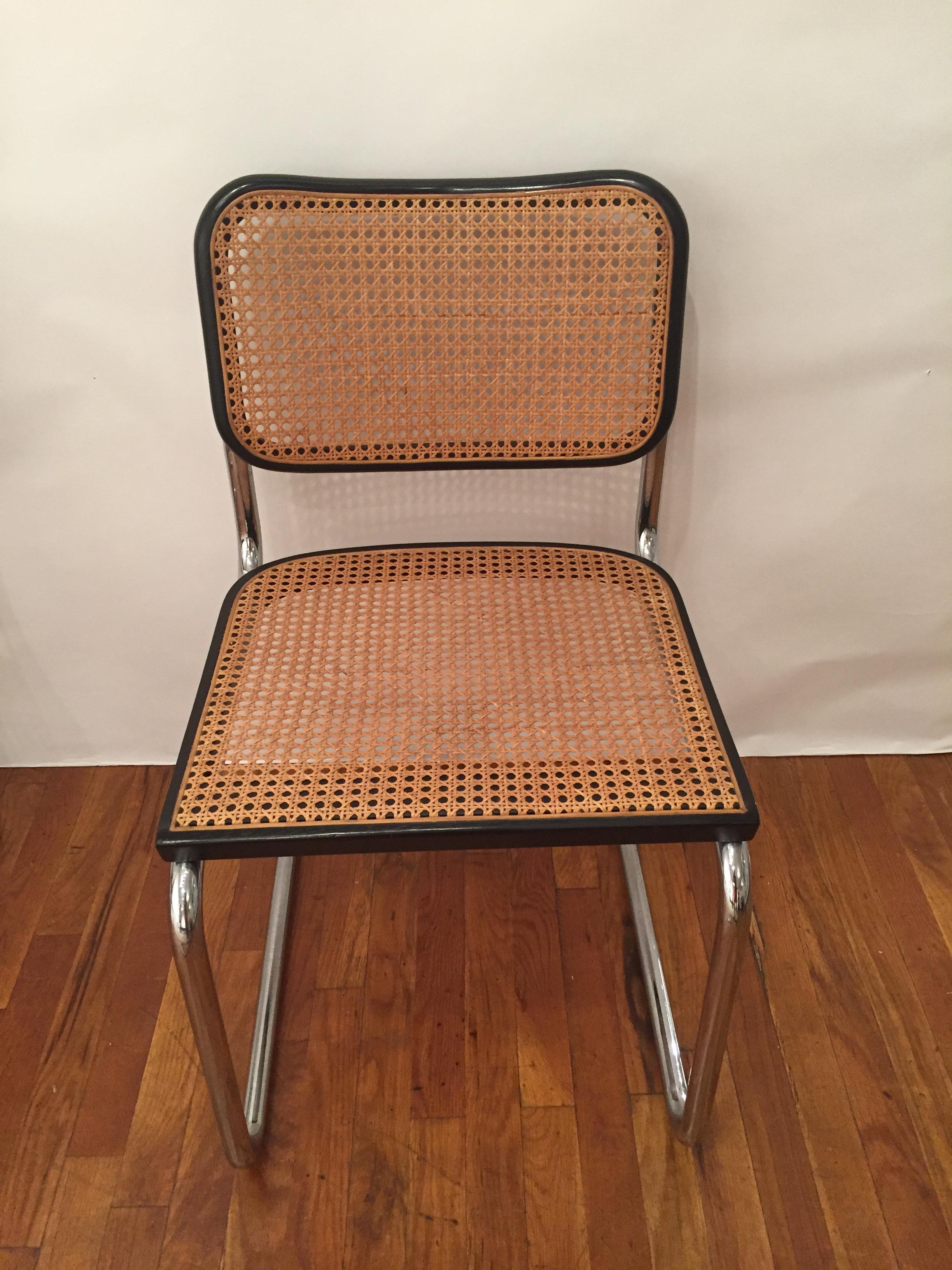 Marcel Breuer Cesca 10 vintage chairs, two-arm chairs, 8 arm-less cane back/seat and black edge chrome structure. Unmarked possibly knoll.