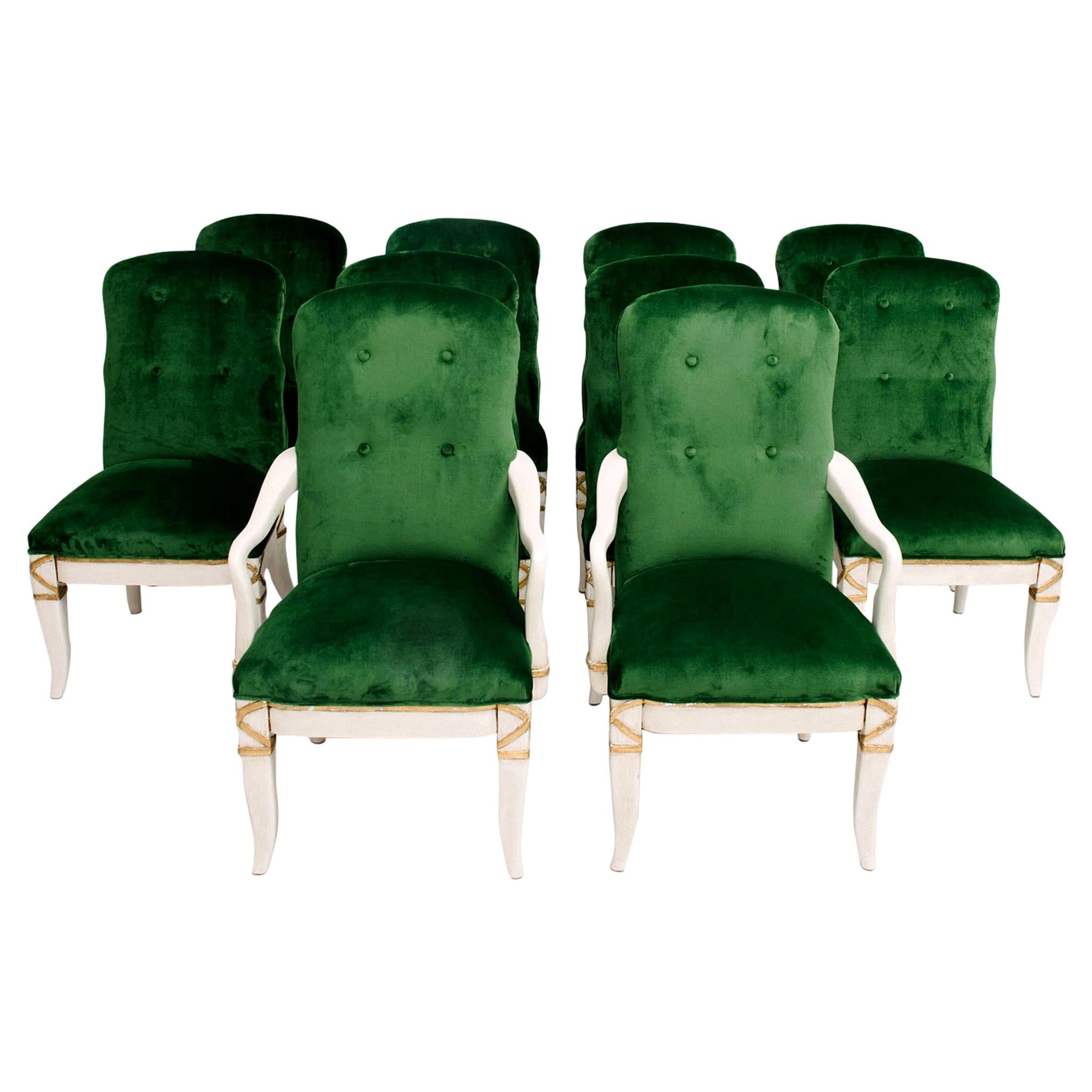 Set of 10 Marge Carson Emerald Green Velvet Dining Chairs For Sale