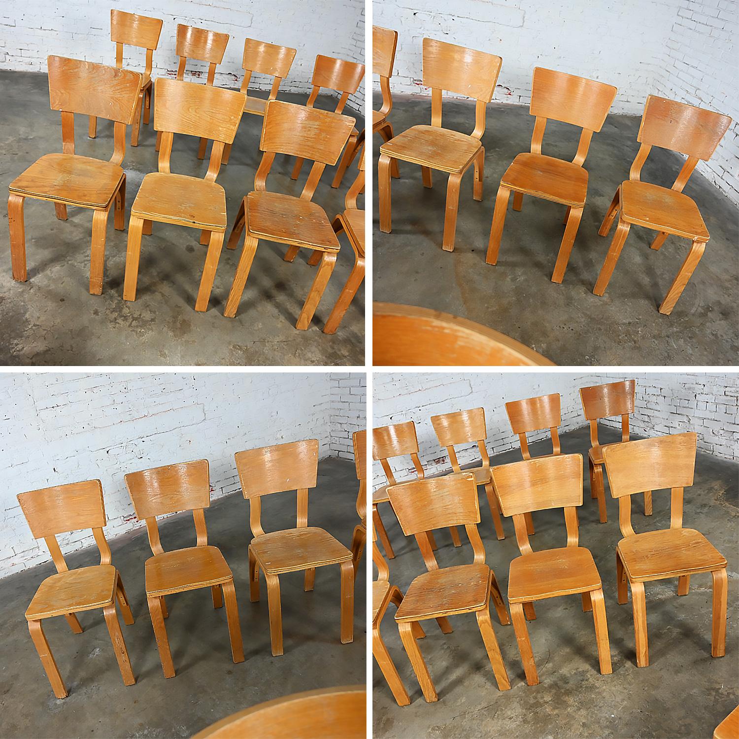 Set von 10 MCM Thonet #1216 Esszimmerstühlen, gebogene Eiche, Sperrholz, Sattelsitz, Einzelschleife im Angebot 6