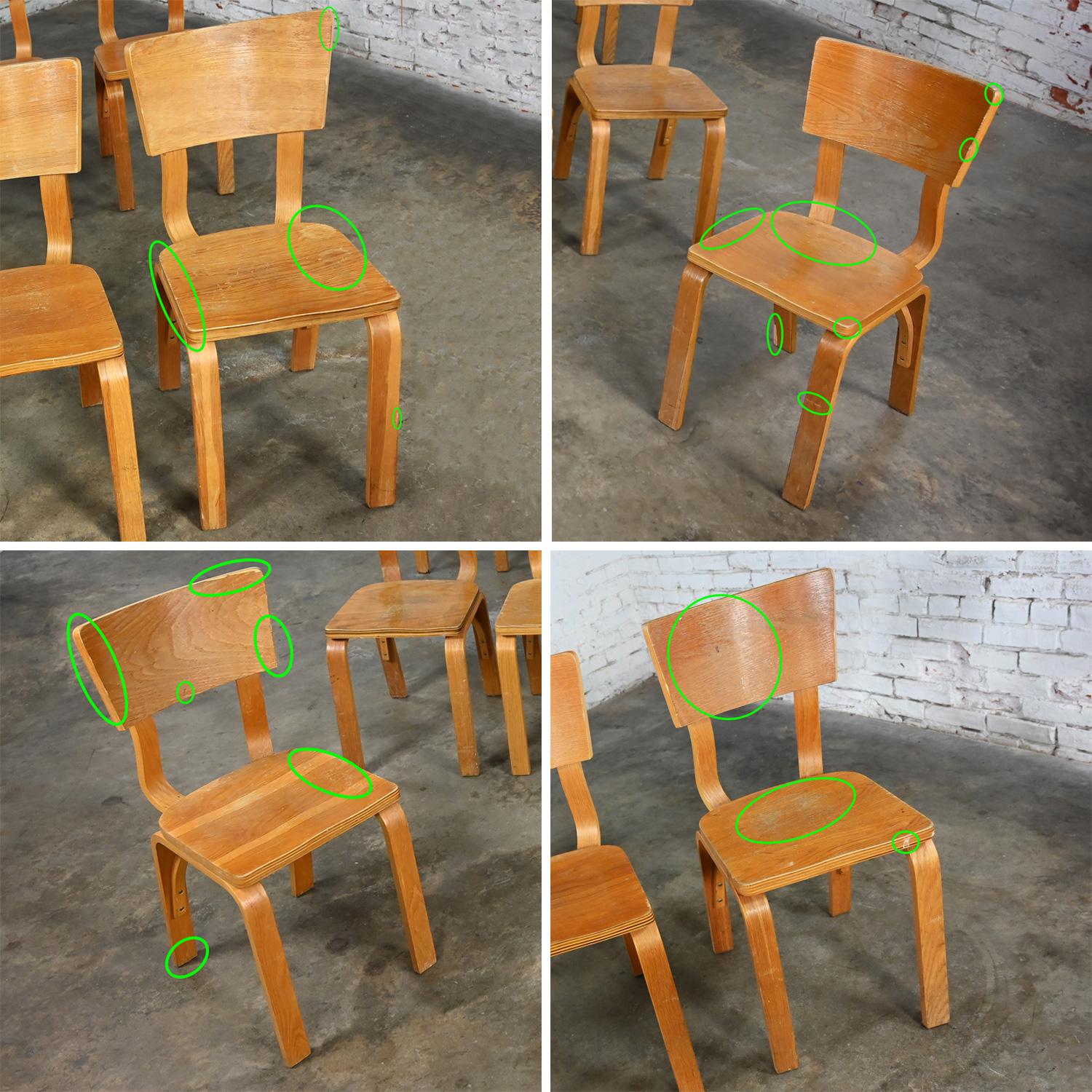 Lot de 10 chaises de salle à manger MCM Thonet #1216 en contreplaqué de chêne courbé, assise en selle, arc simple en vente 7