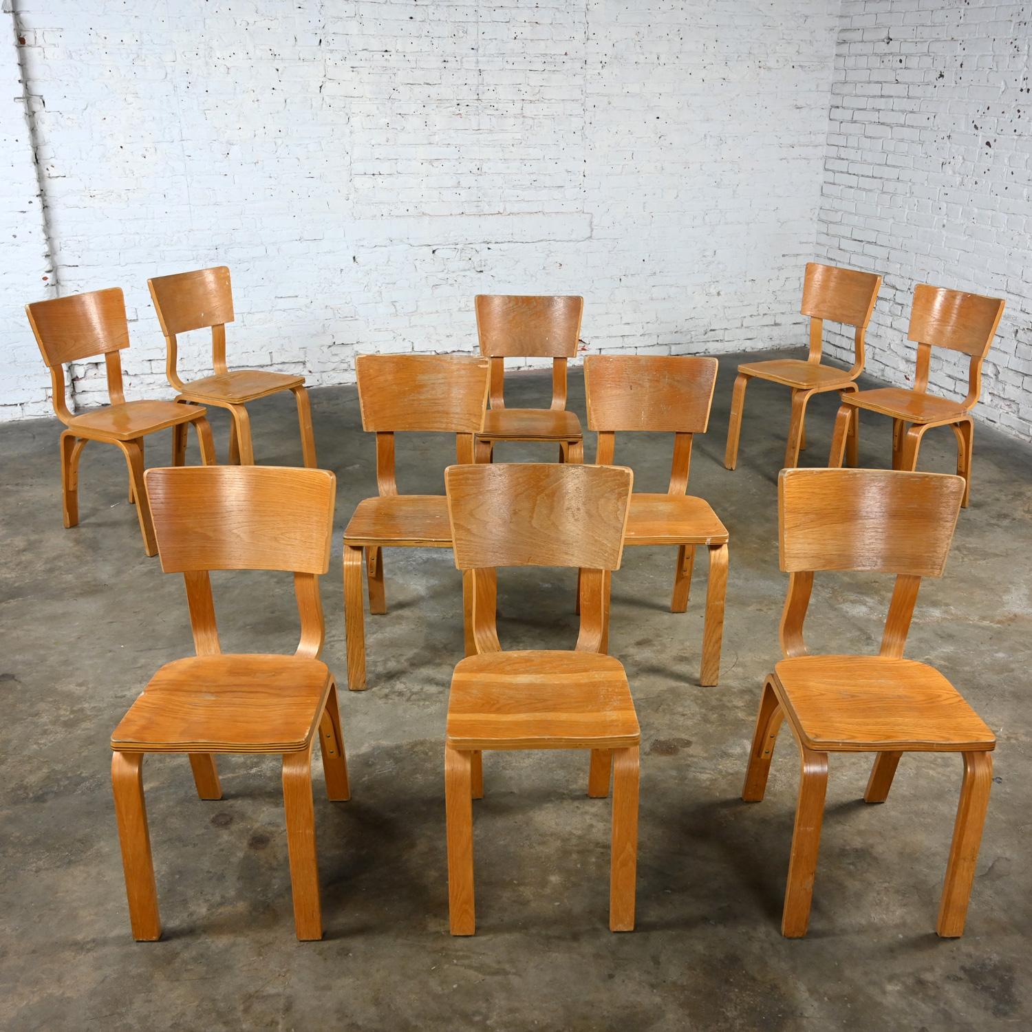 Lot de 10 chaises de salle à manger MCM Thonet #1216 en contreplaqué de chêne courbé, assise en selle, arc simple en vente 9