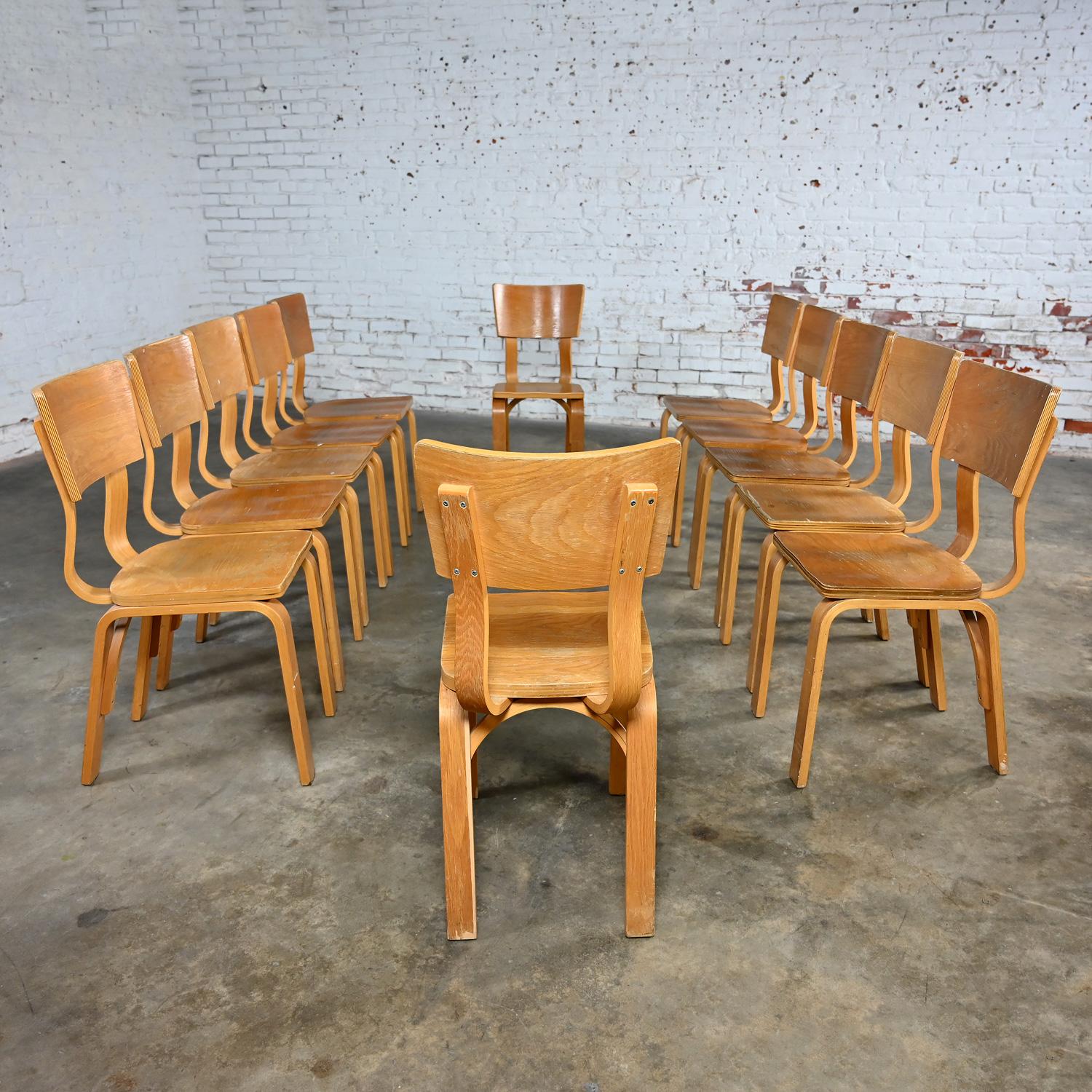 Set of 10 MCM Thonet #1216 Dining Chairs Bent Oak Plywood Saddle Seat Single Bow For Sale 11