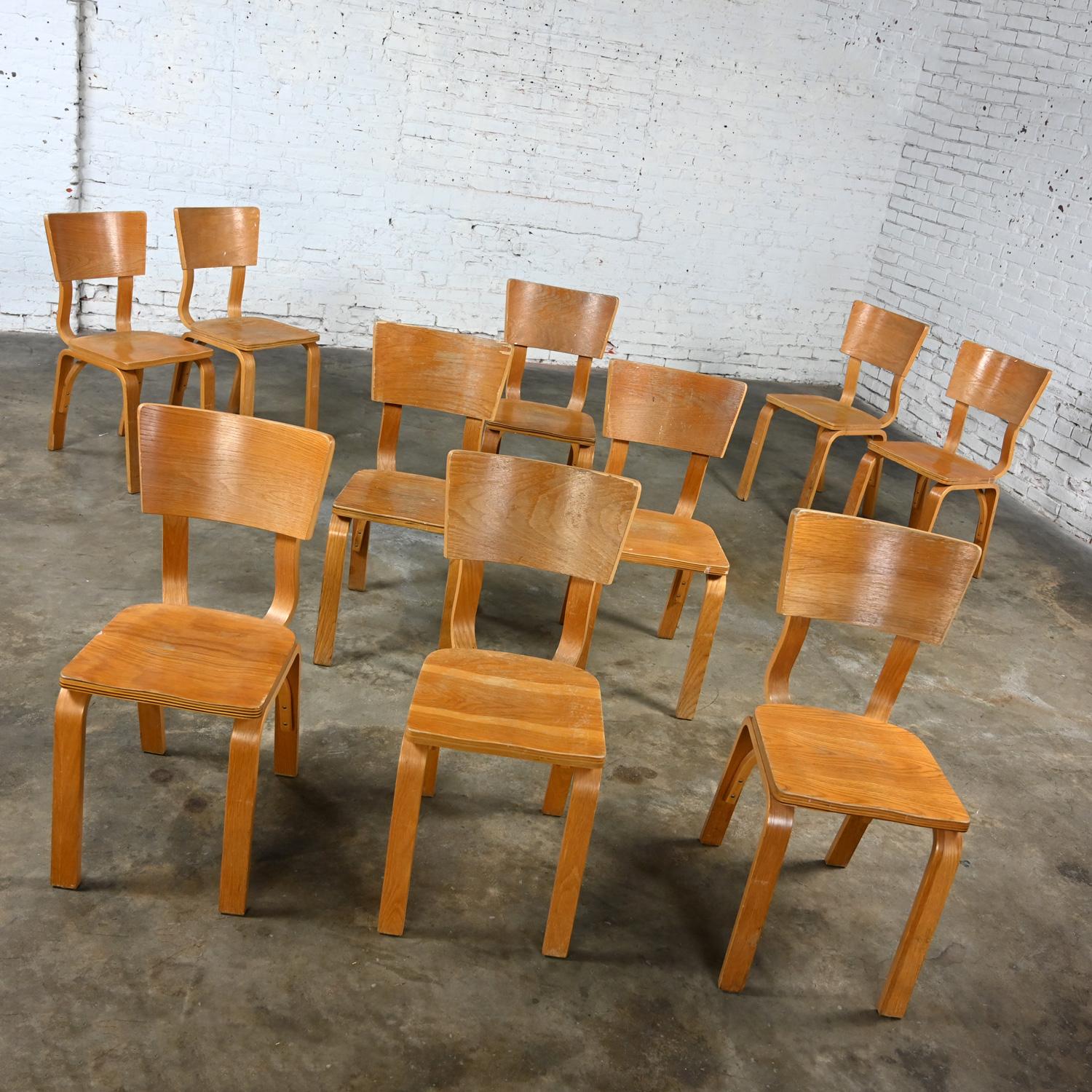 Mid-Century Modern Lot de 10 chaises de salle à manger MCM Thonet #1216 en contreplaqué de chêne courbé, assise en selle, arc simple en vente