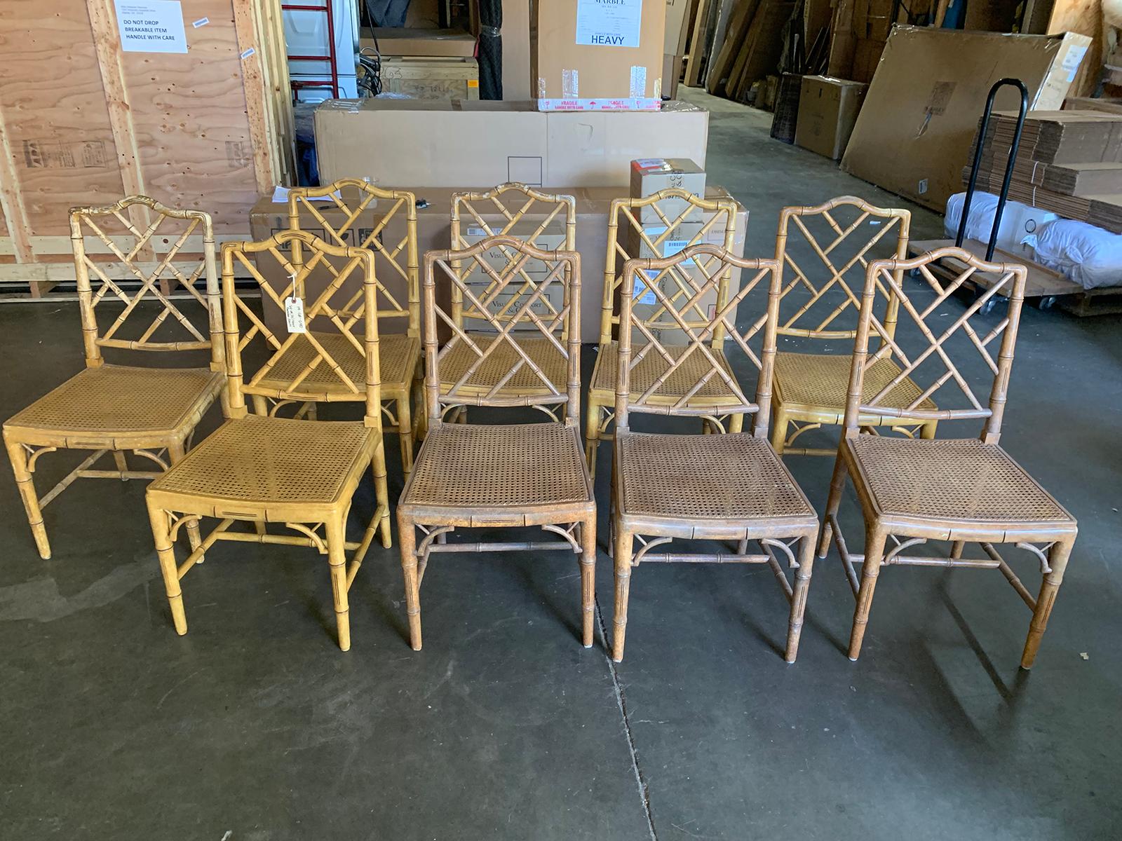 Set of (10) mid-20th century faux bamboo dining chairs with cane seats
8 side chairs and a pair of host and Hostess armchairs
Measures: Sides 18.5