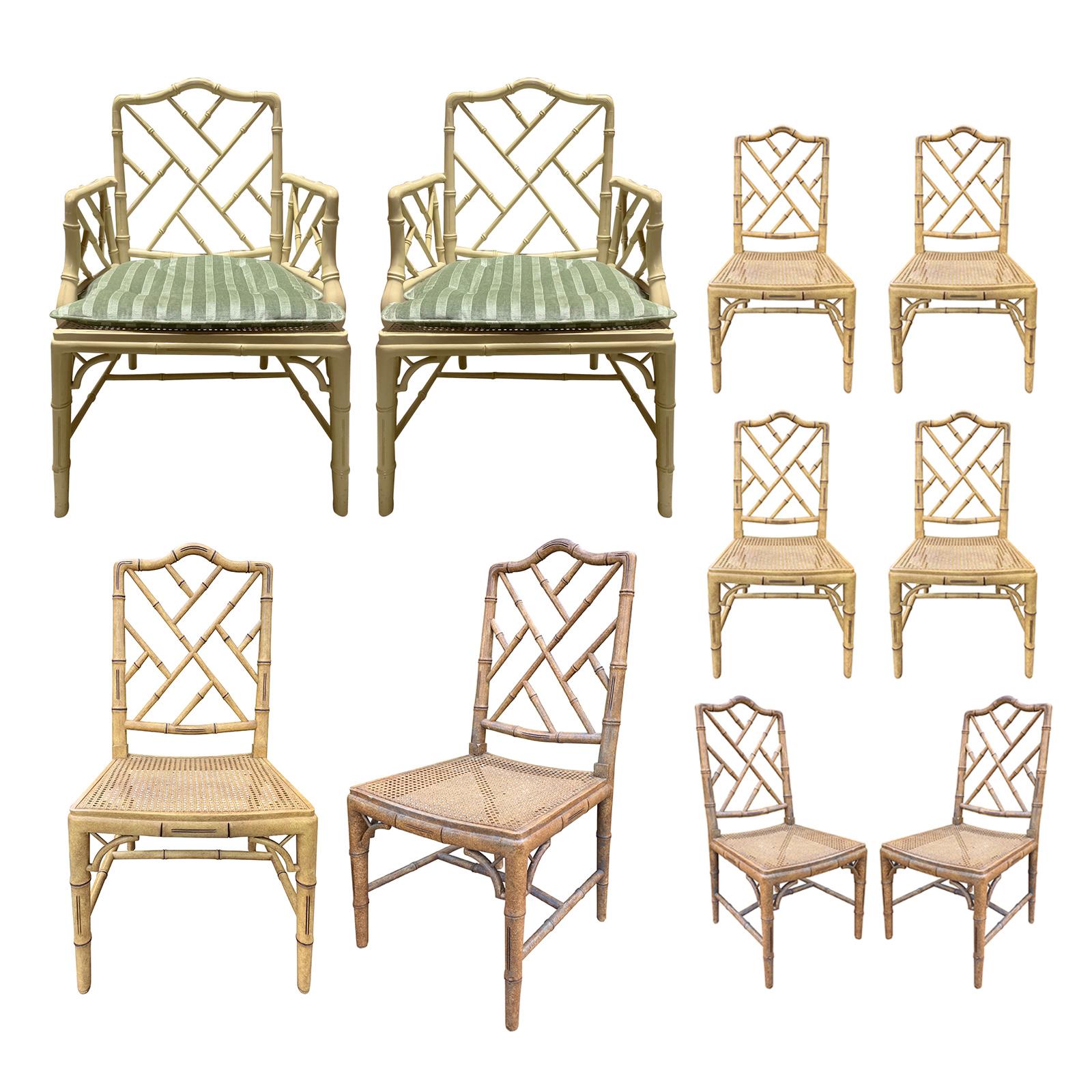 Set of 10 Mid-20th Century Faux Bamboo Dining Chairs with Cane Seats