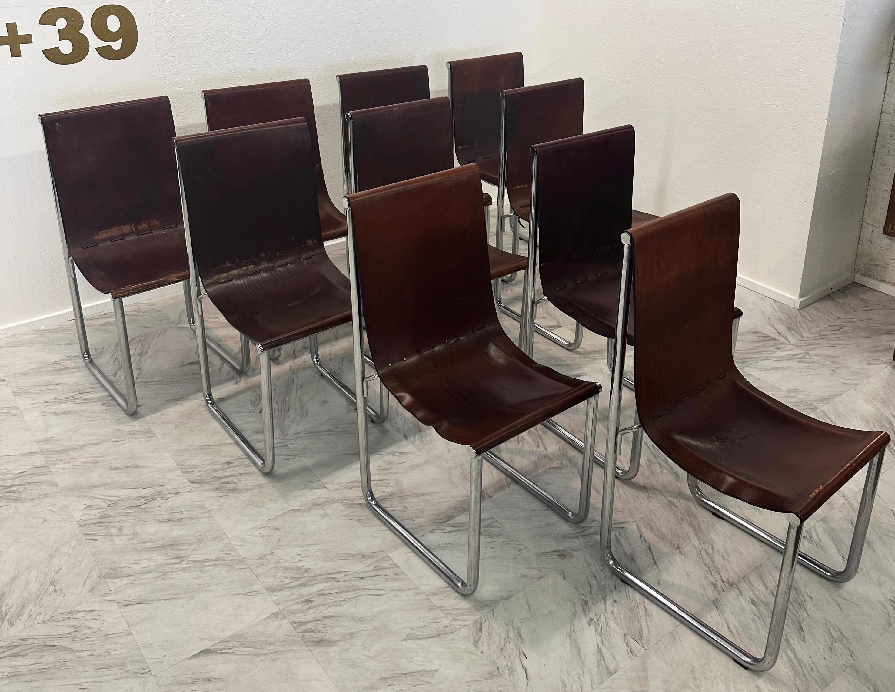  A set of 10 Mid Century Italian Leather and Chrome Dining Chairs from the 1980s is a stylish and iconic collection of dining chairs. These chairs typically feature sleek chrome frames that provide a modern and elegant look, paired with high-quality