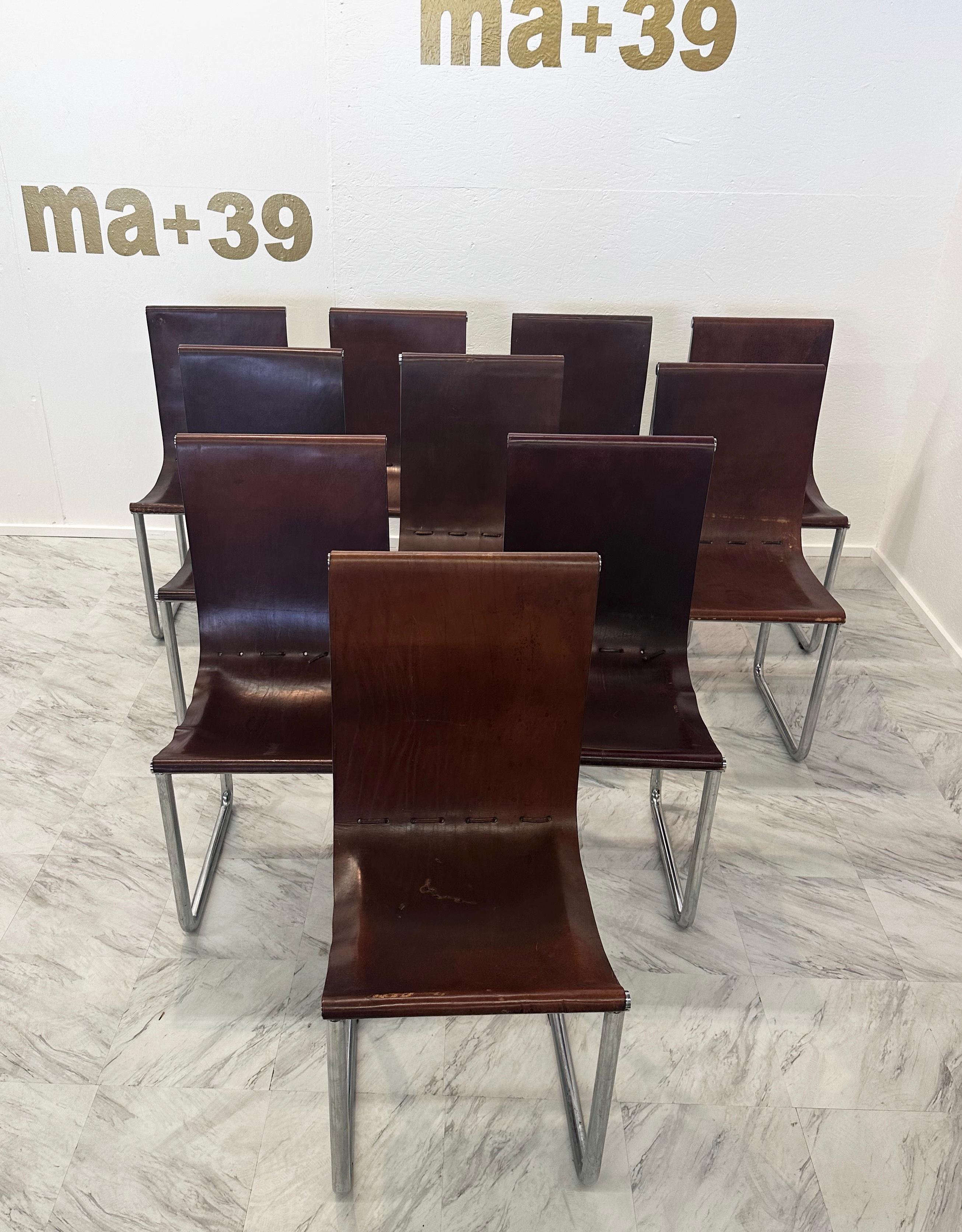 Mid-Century Modern Set of 10 Mid Century Italian Leather and Chrome Dining Chairs 1980s For Sale