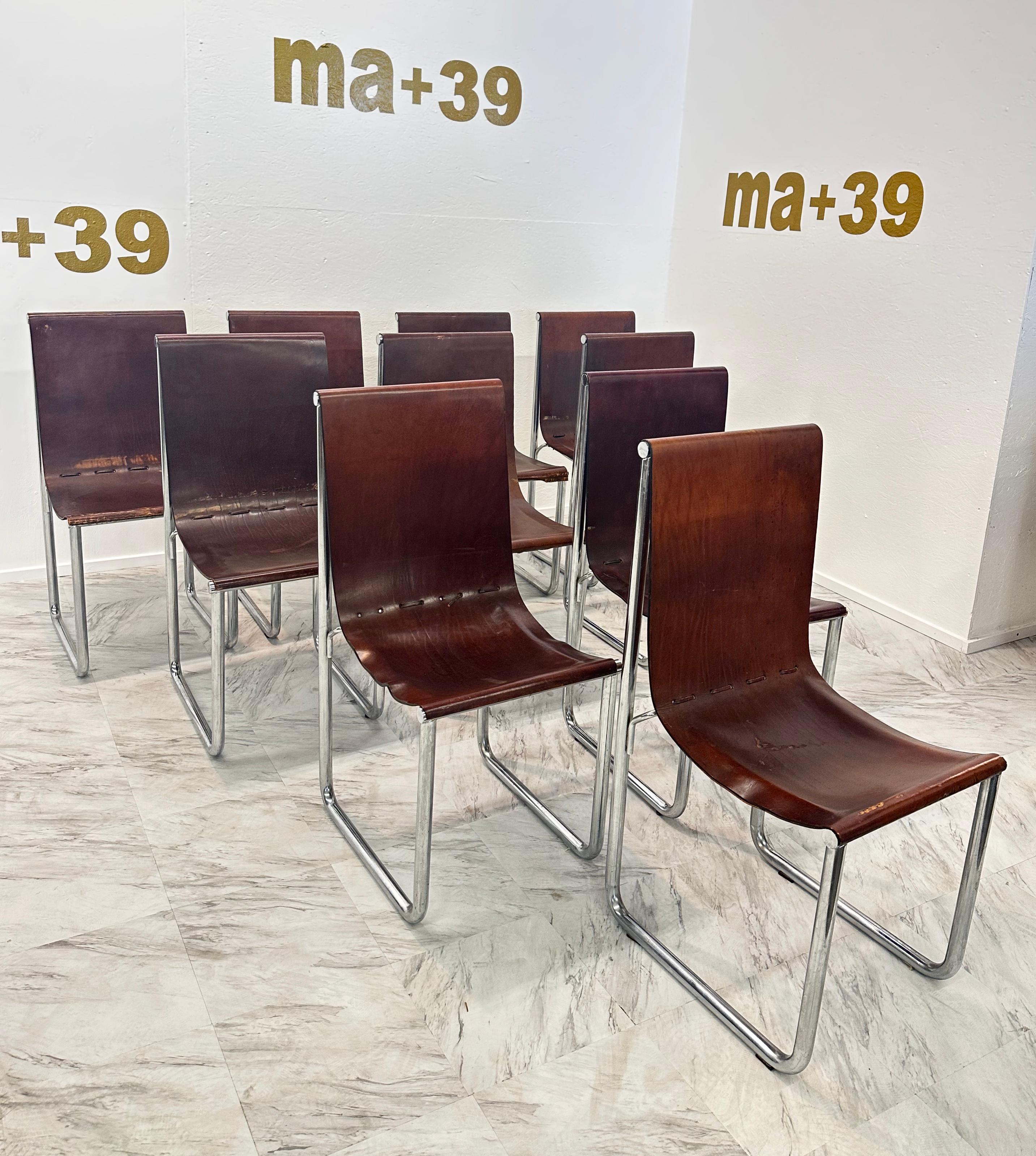 Set of 10 Mid Century Italian Leather and Chrome Dining Chairs 1980s In Good Condition For Sale In Los Angeles, CA