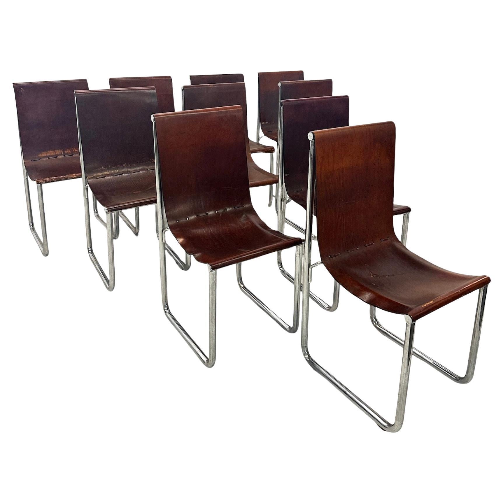Ensemble de 10 chaises de salle à manger en cuir et chrome du milieu du siècle 1980