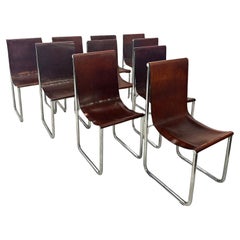 Vintage Set of 10 Mid Century Italian Leather and Chrome Dining Chairs 1980s