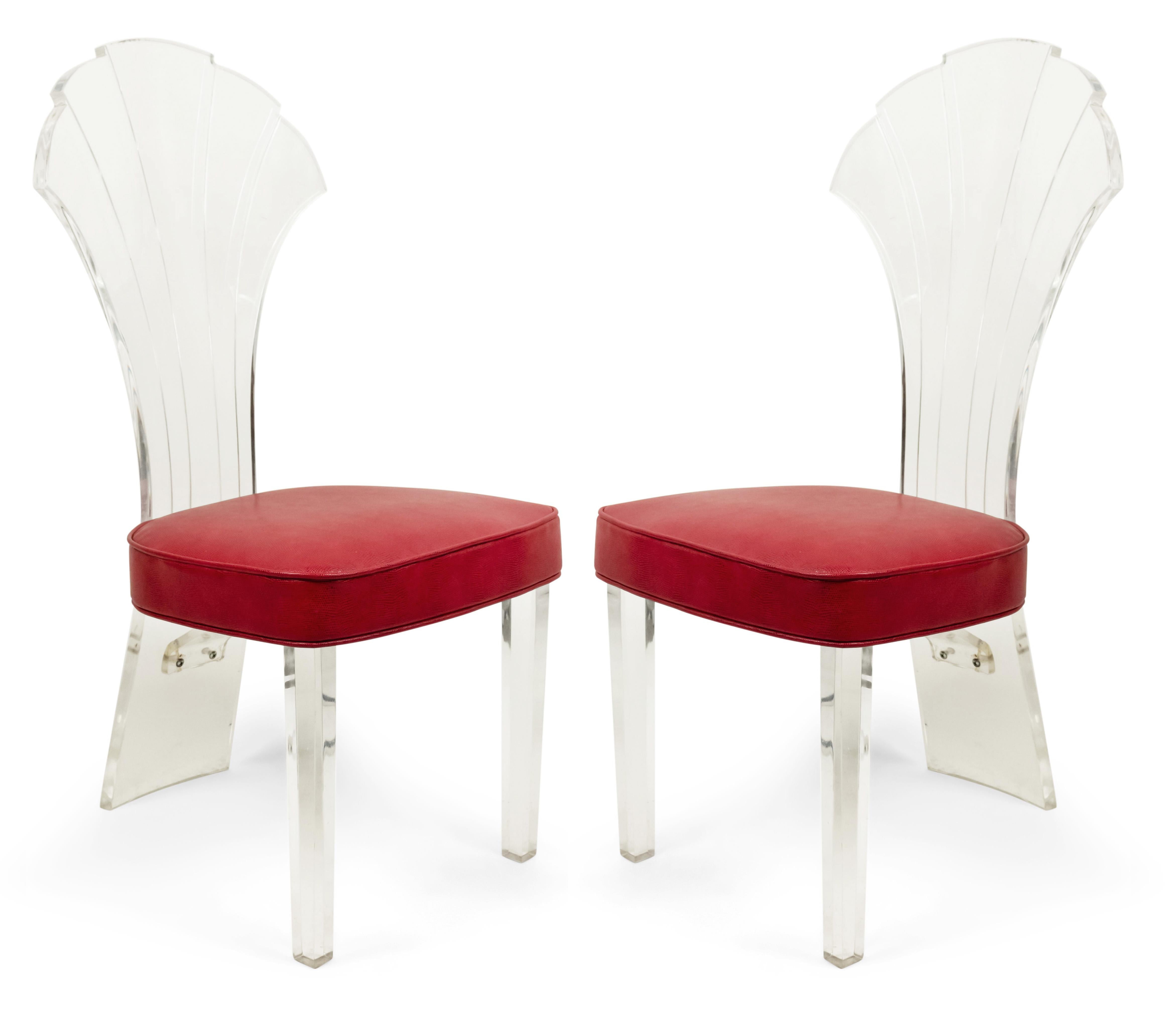 Set of 10 Mid-Century (1970s) Lucite frame side chairs with a fan back design and red faux snake skin seat (some distress to Lucite backs) (possibly Grosfeld House).
 
