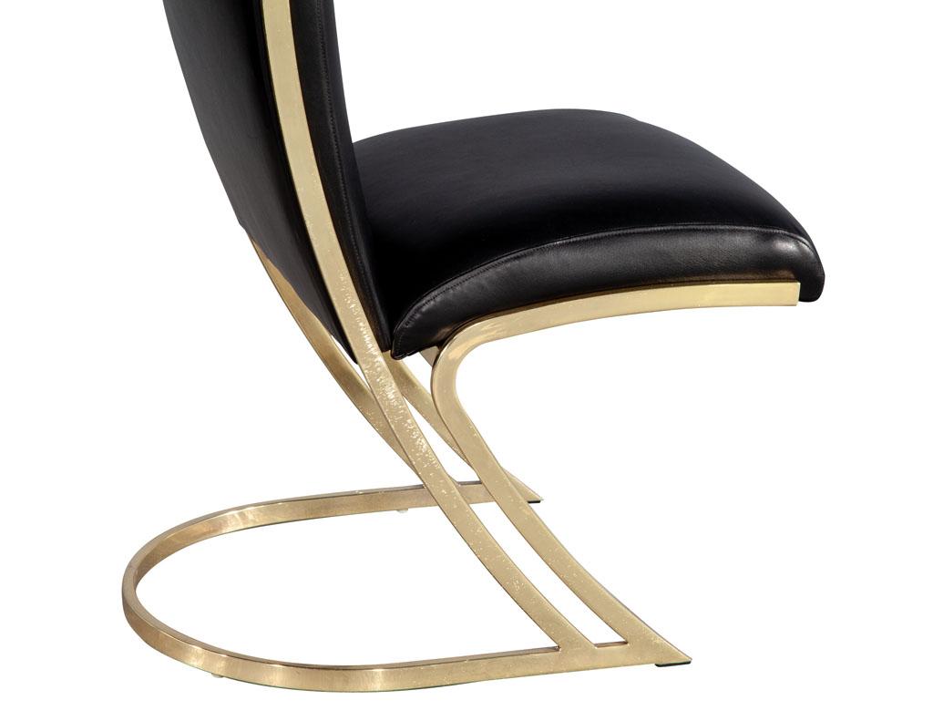 Set of 10 Mid-Century Modern Brass Dining Chairs in Black Leather 2