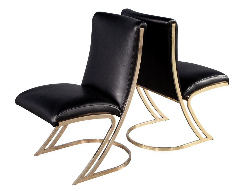 Set of 10 Mid-Century Modern Brass Dining Chairs in Black Leather 3