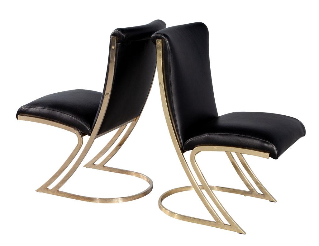 Set of 10 Mid-Century Modern Brass Dining Chairs in Black Leather 4