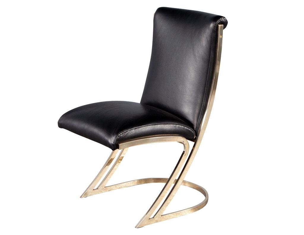 Set of 10 Mid-Century Modern Brass Dining Chairs in Black Leather 5