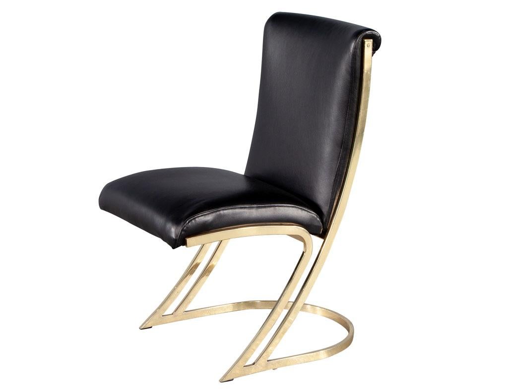 Set of 10 Mid-Century Modern Brass Dining Chairs in Black Leather 6