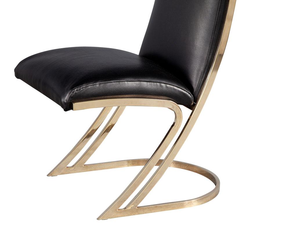 Set of 10 Mid-Century Modern Brass Dining Chairs in Black Leather 7
