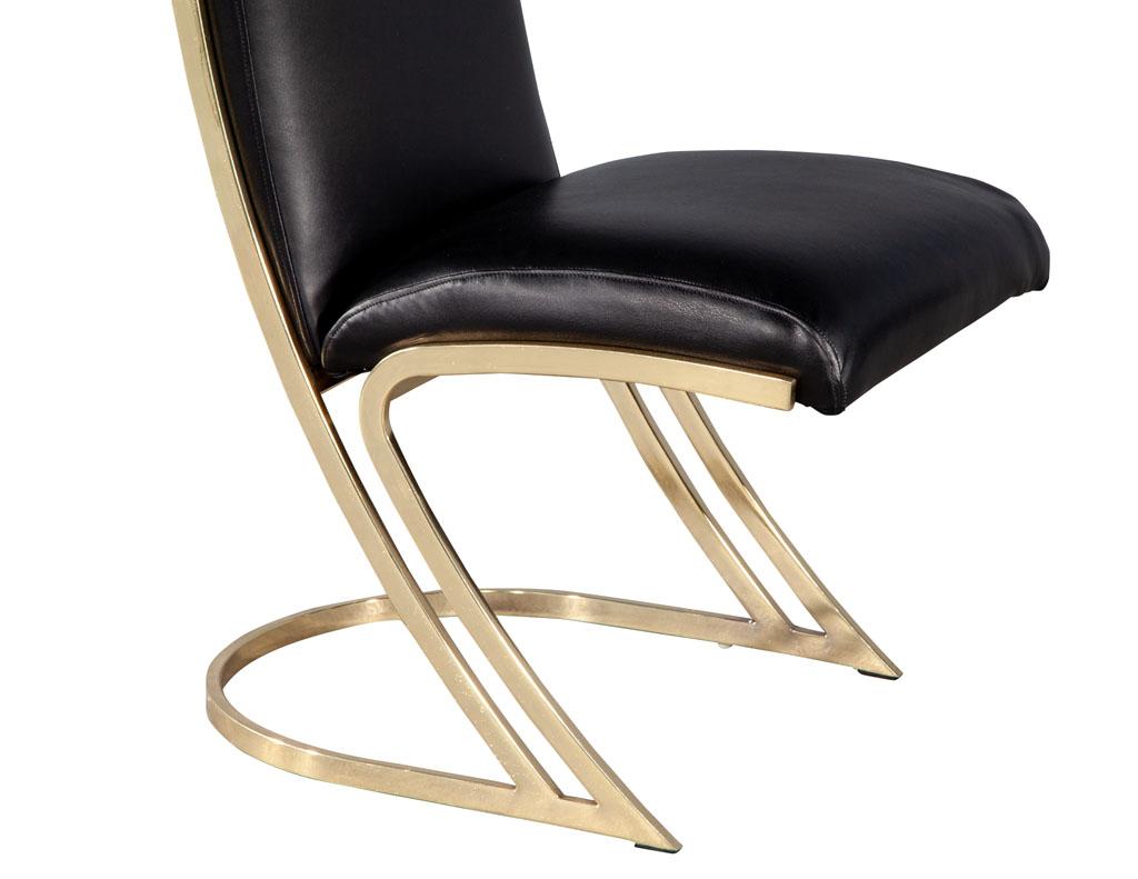 Set of 10 Mid-Century Modern Brass Dining Chairs in Black Leather 8