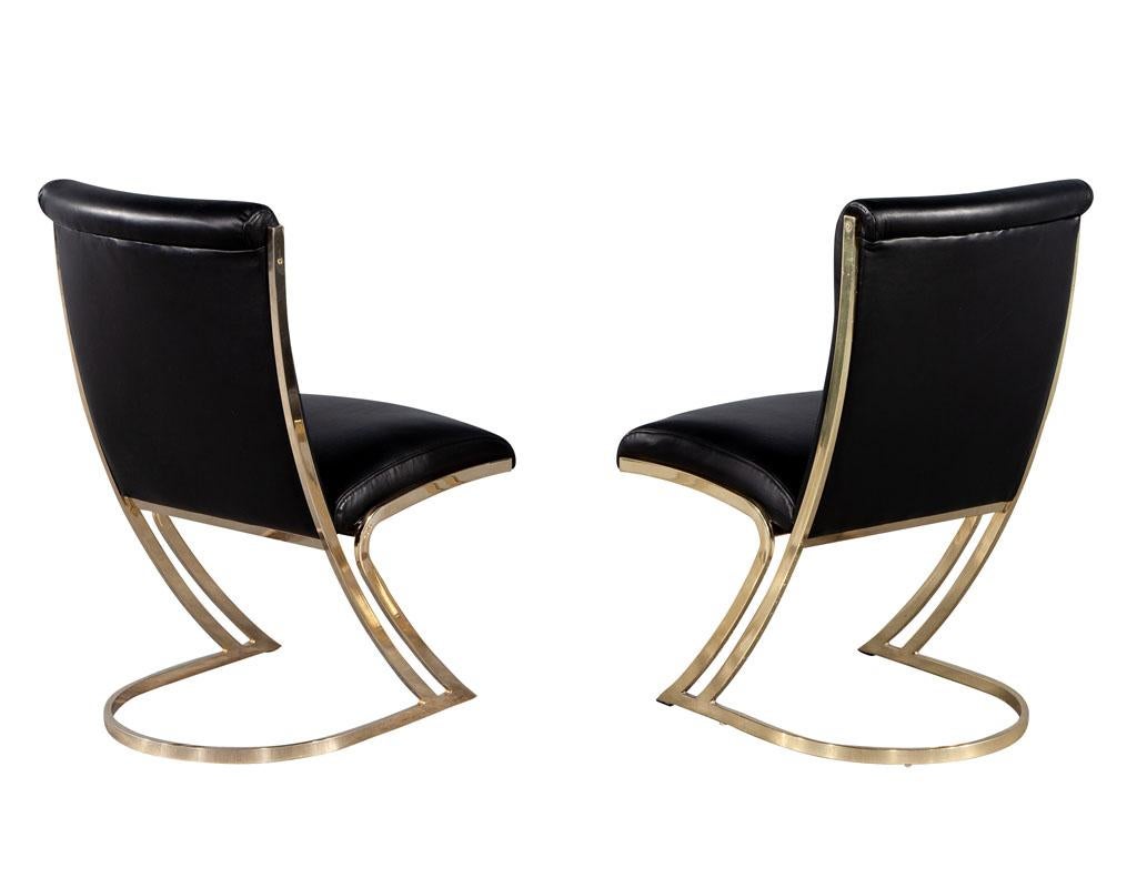 Set of 10 Mid-Century Modern Brass Dining Chairs in Black Leather In Good Condition In North York, ON
